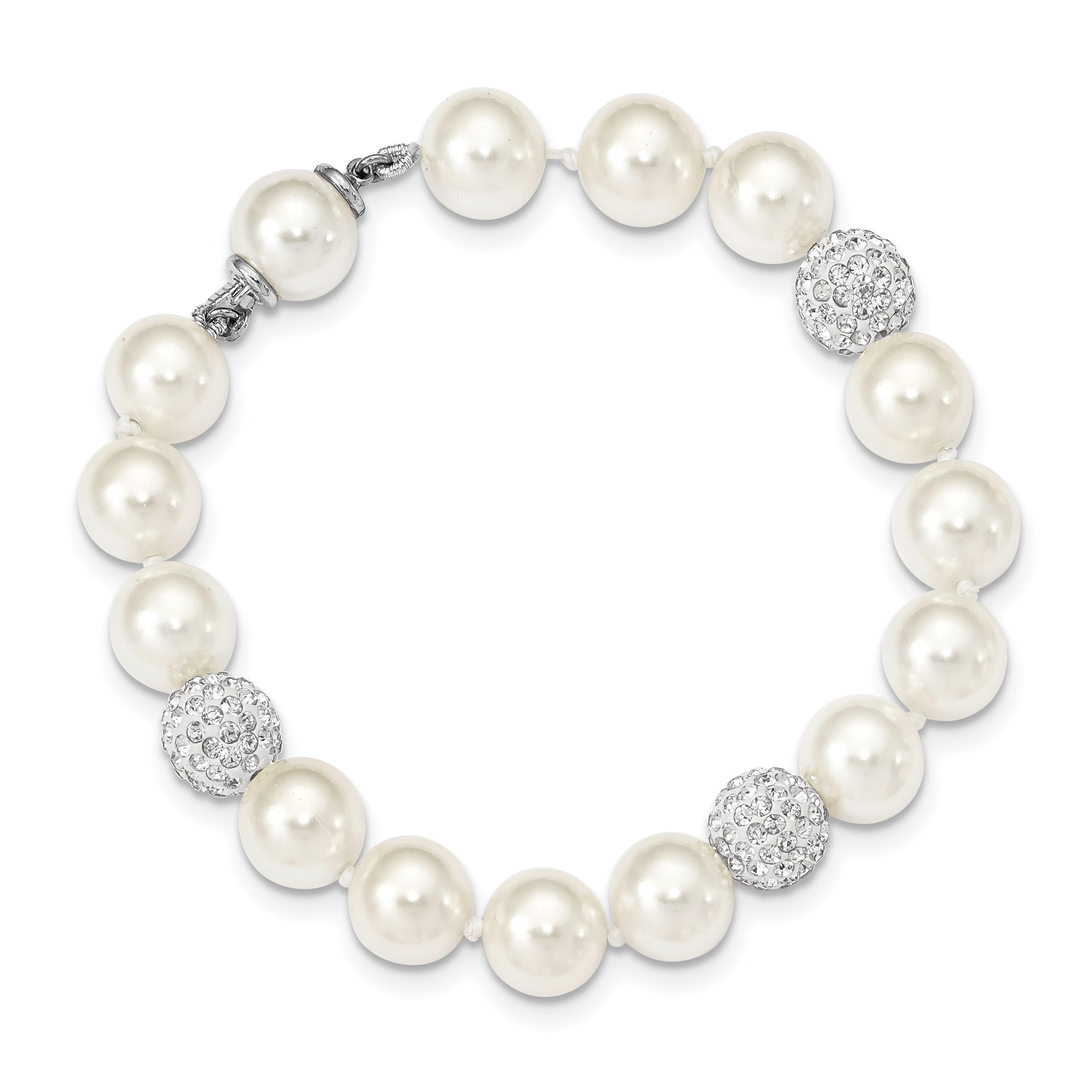 Majestik Sterling Silver Rhodium-plated 10-11mm White Imitation Shell Crystal Hand-knotted Bracelet Main image