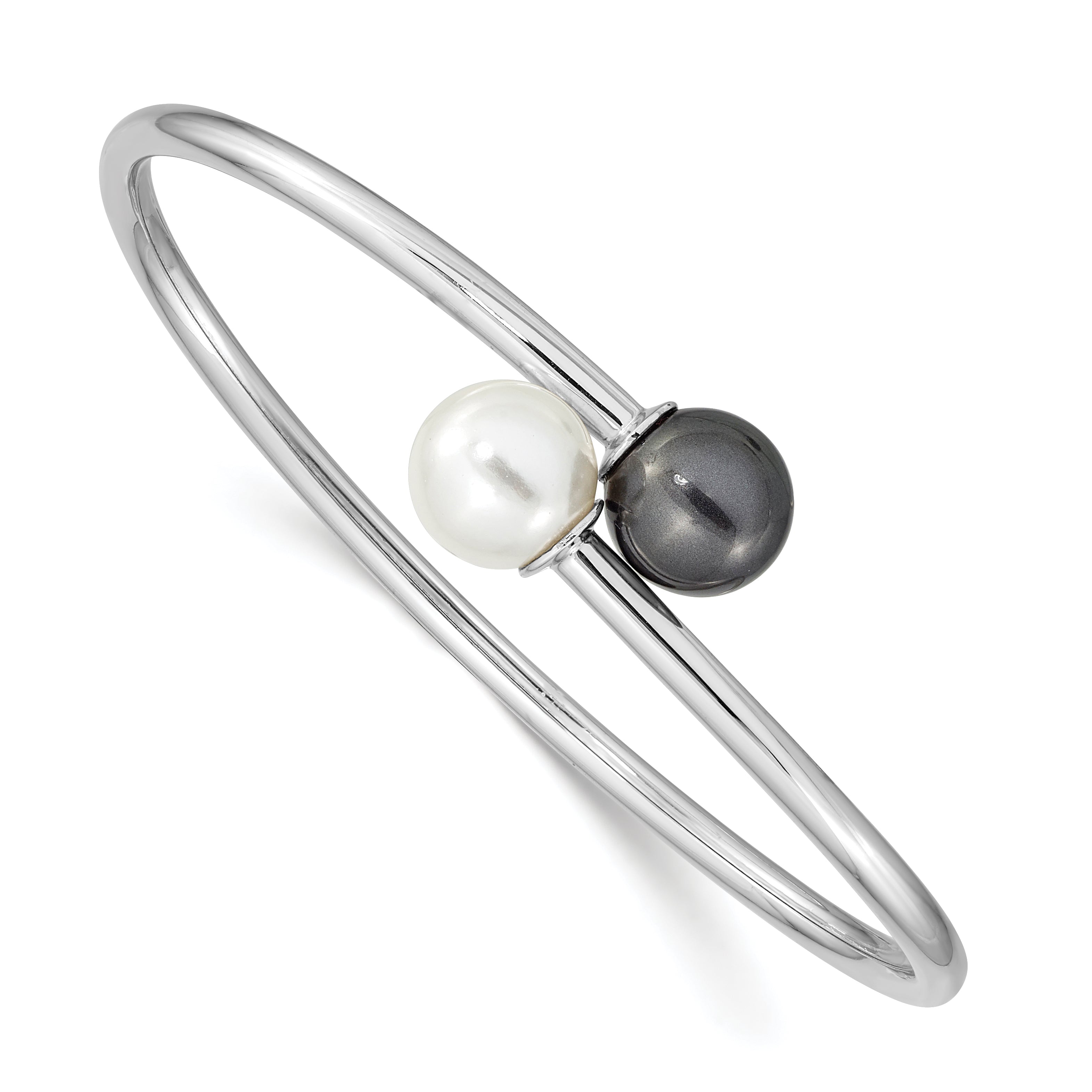 Sterling Silver Rh-plat 10-11mm Wht Blk Imitat Shell Pearl Bangle Bracelet Main image