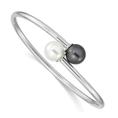 Sterling Silver Rh-plat 10-11mm Wht Blk Imitat Shell Pearl Bangle Bracelet