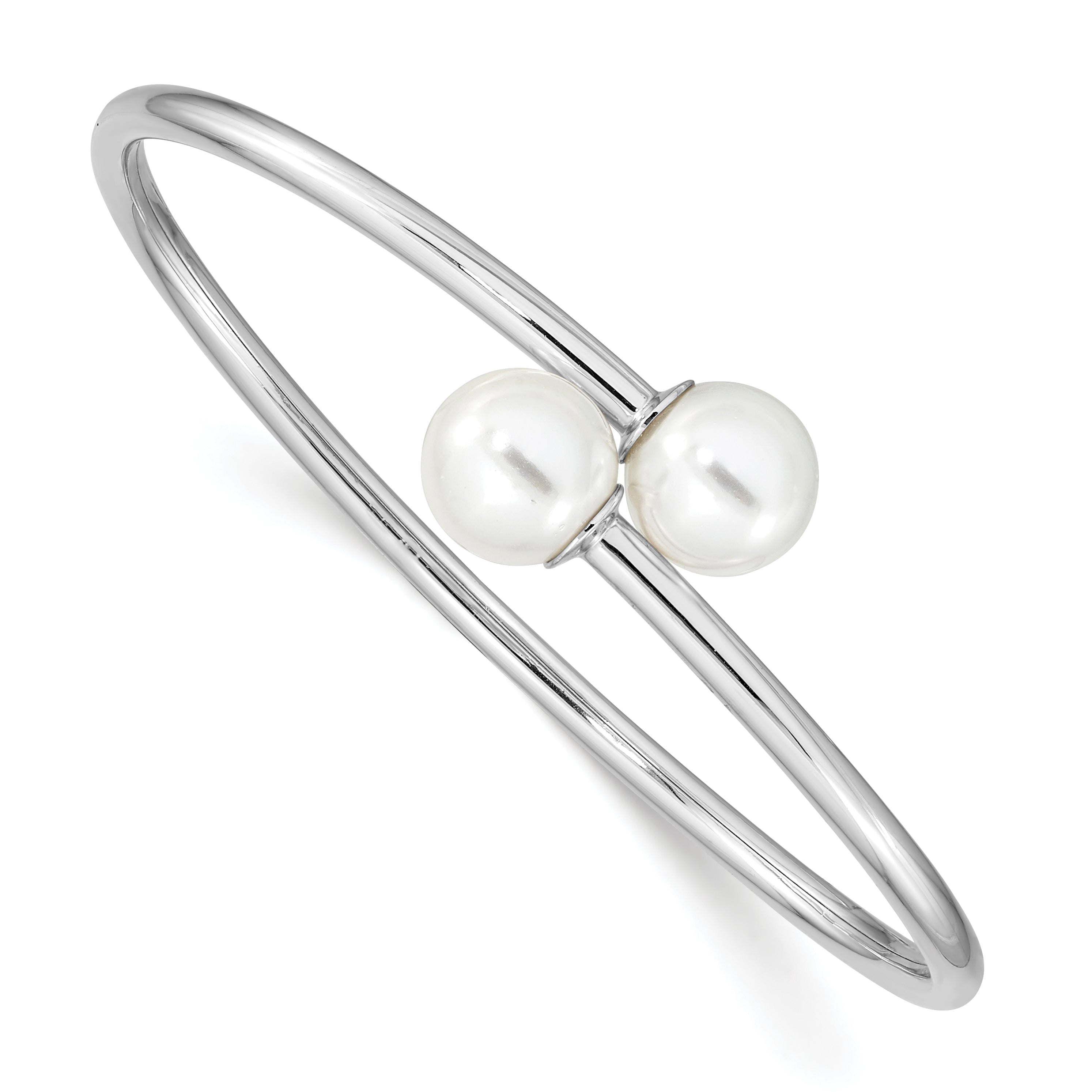 Majestik Sterling Silver Rhodium-plated 10-11mm White Imitation Shell Pearl Bangle Bracelet Main image
