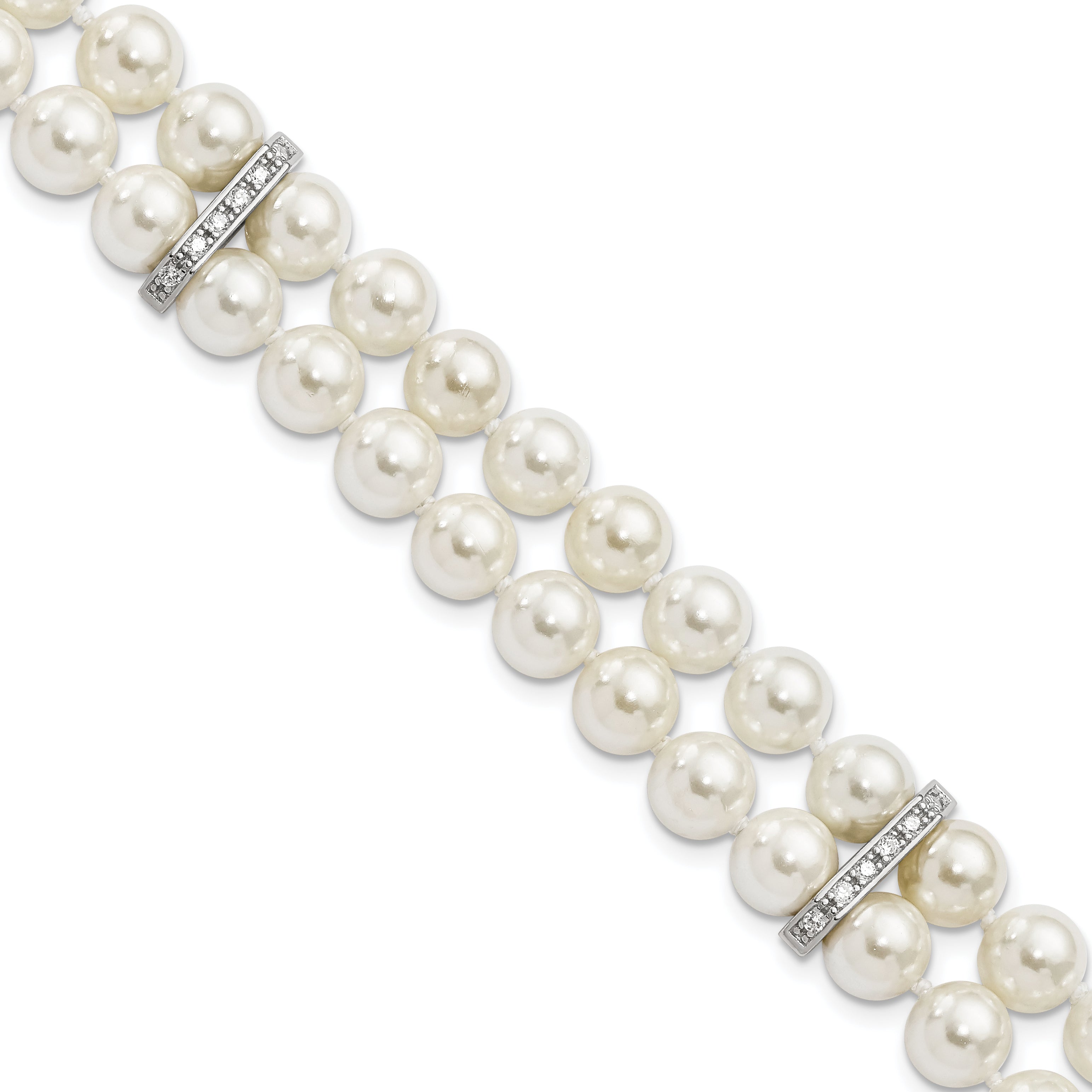 Majestik Sterling Silver Rhodium-plated 7-8mm White Imitation Shell Pearl and CZ Hand-knotted Bracelet Main image