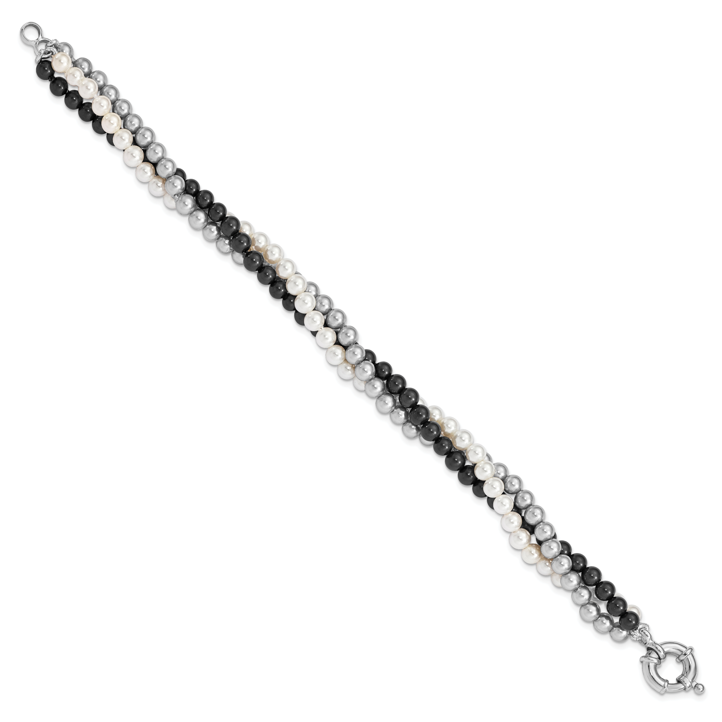 Majestik Sterling Silver Rhodium-plated 3 Row 4-5mm White Grey Black Imitation Shell Pearl Hand-knotted Bracelet Secondary image