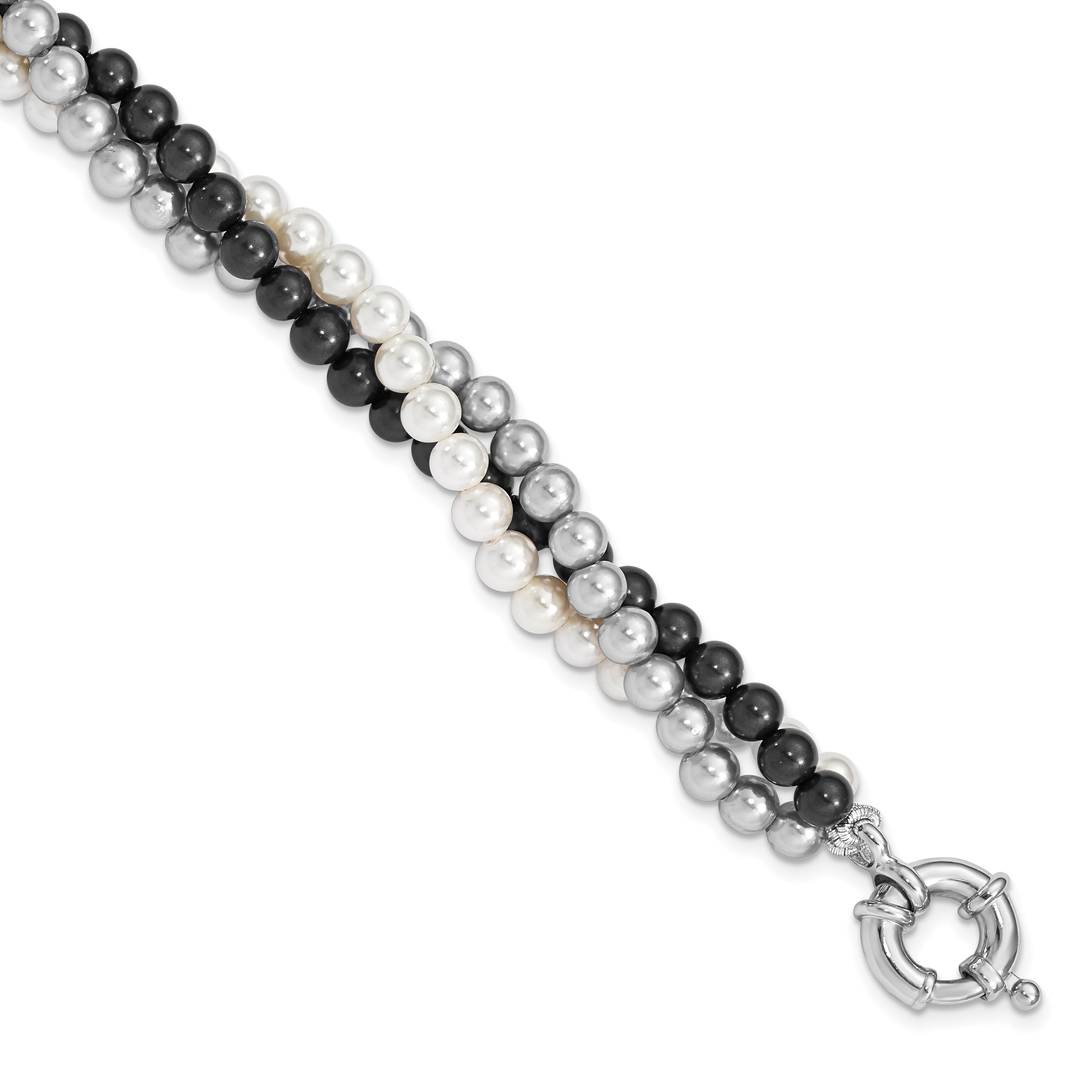Majestik Sterling Silver Rhodium-plated 3 Row 4-5mm White Grey Black Imitation Shell Pearl Hand-knotted Bracelet Main image