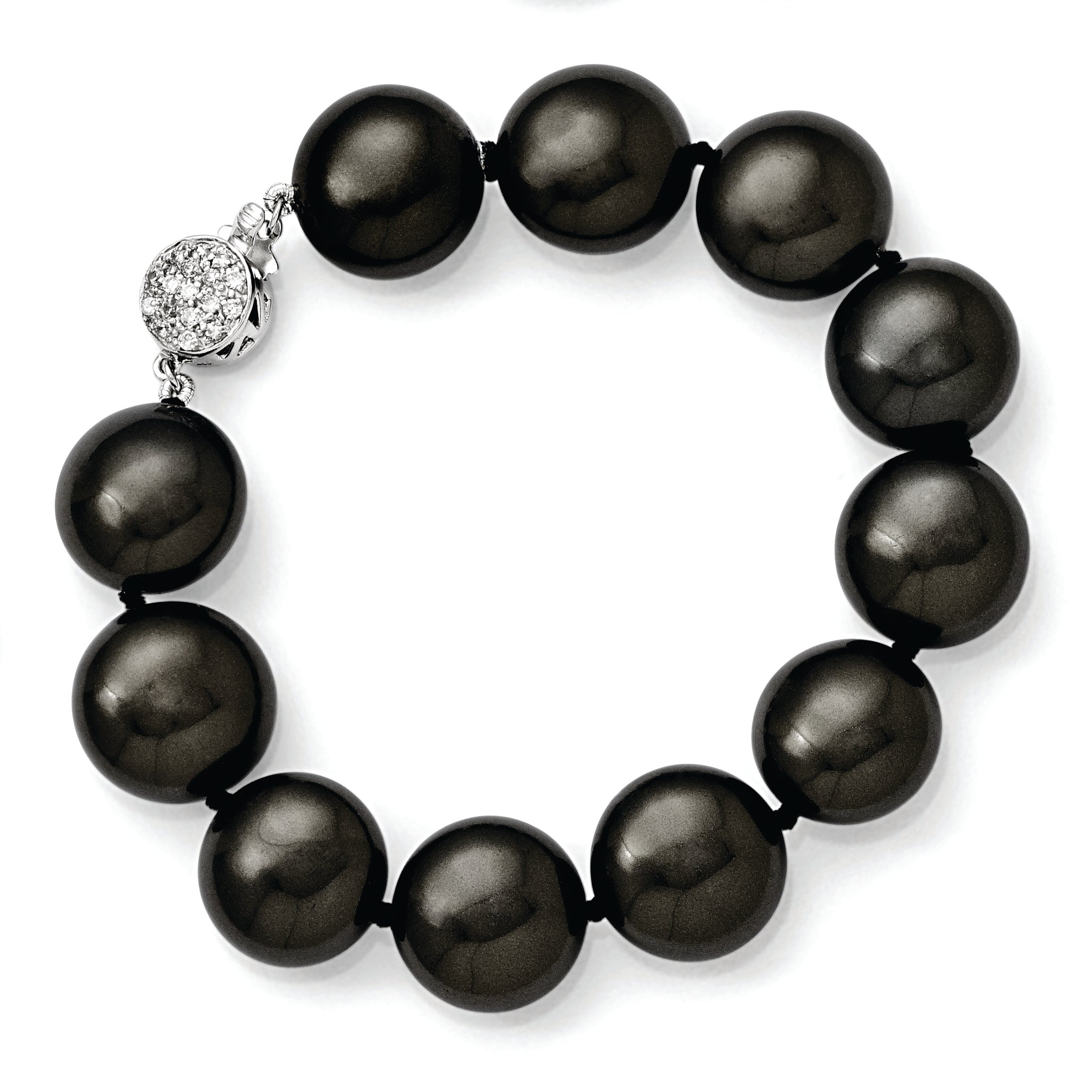 Sterling S Majestik Rh-pl 14-15mm Coin Blk Imitat Shell Pearl CZ Clasp Brac Main image