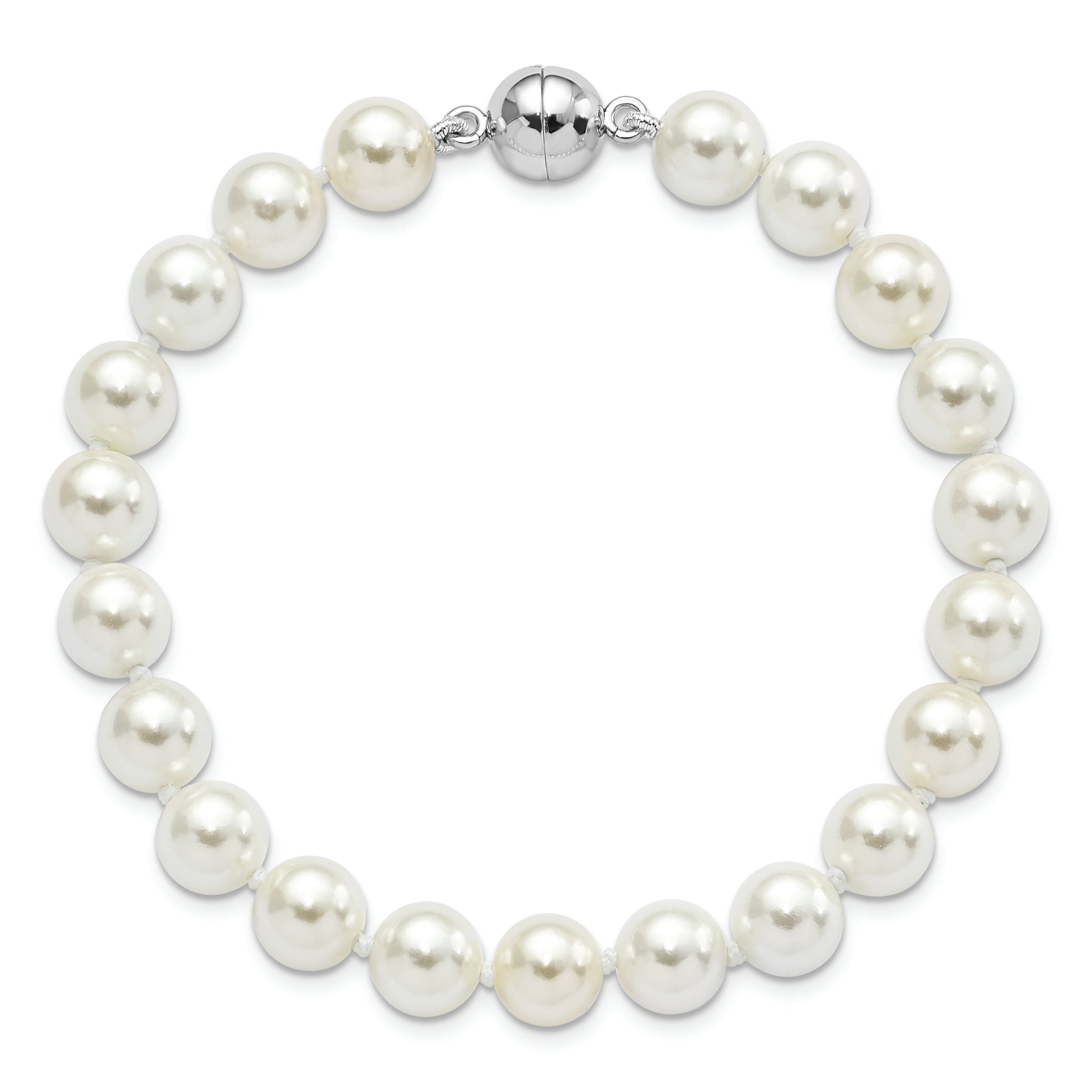 Majestic Sterling Silver Rhodium-plated 8-9mm White Imitation Shell Pearl Hand-knotted Bracelet