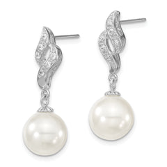 Majestik Sterling Silver Rhodium-plated 10-11mm White Imitation Shell Pearl and CZ Dangle Earrings