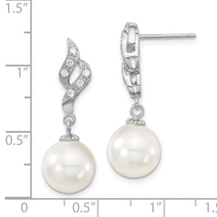 Majestik Sterling Silver Rhodium-plated 10-11mm White Imitation Shell Pearl and CZ Dangle Earrings