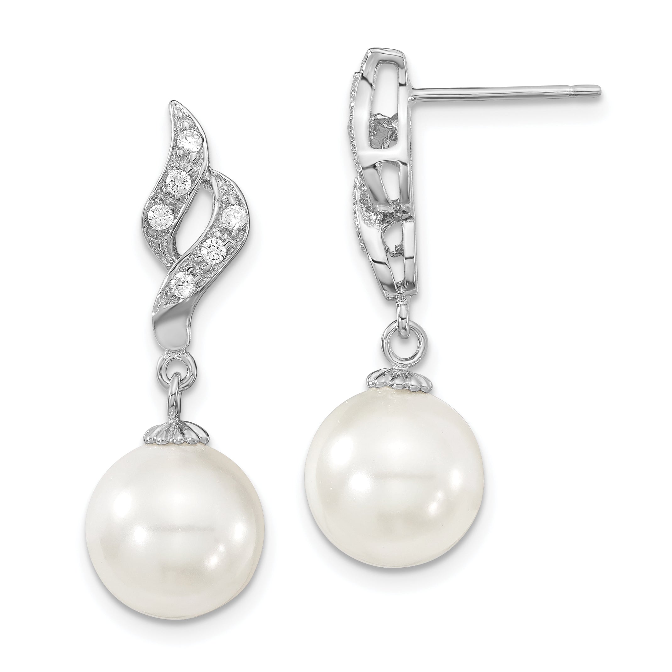 Majestik Sterling Silver Rhodium-plated 10-11mm White Imitation Shell Pearl and CZ Dangle Earrings Main image