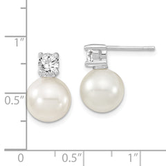 Majestik Sterling Silver Rhodium-plated 10-11mm White Imitation Shell Pearl and CZ Post Earrings