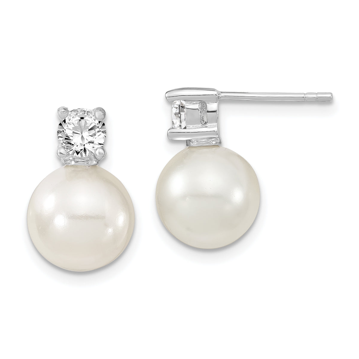 Majestik Sterling Silver Rhodium-plated 10-11mm White Imitation Shell Pearl and CZ Post Earrings