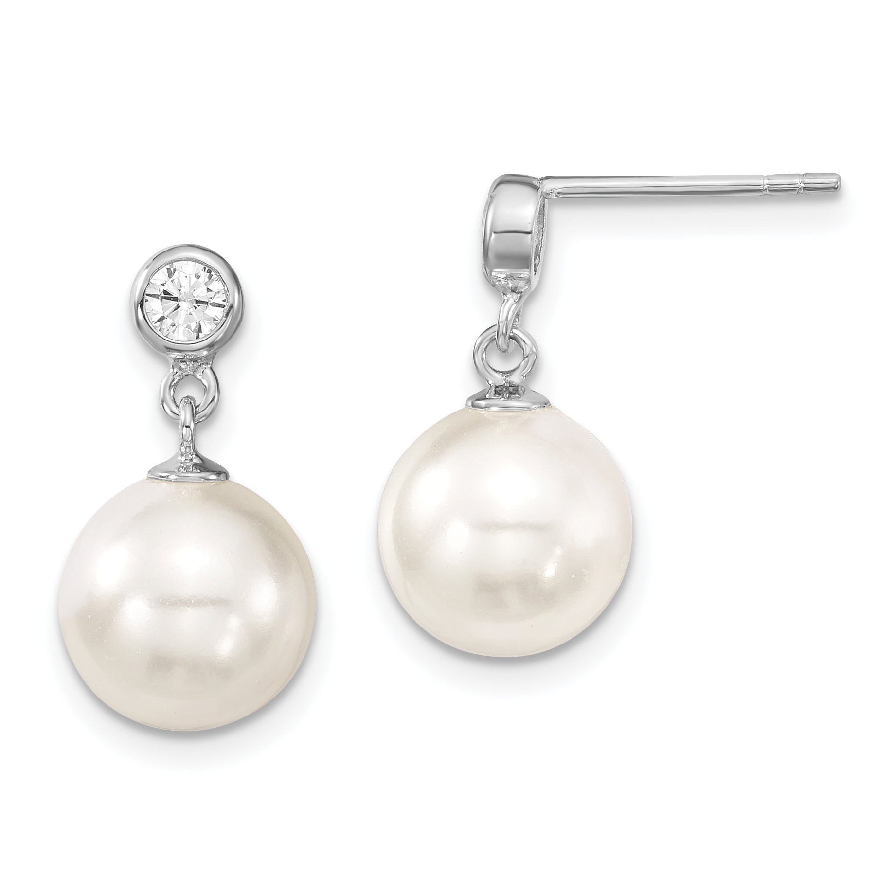 Majestik Sterling Silver Rhodium-plated 10-11mm White Imitation Shell Pearl and CZ Dangle Earrings Main image