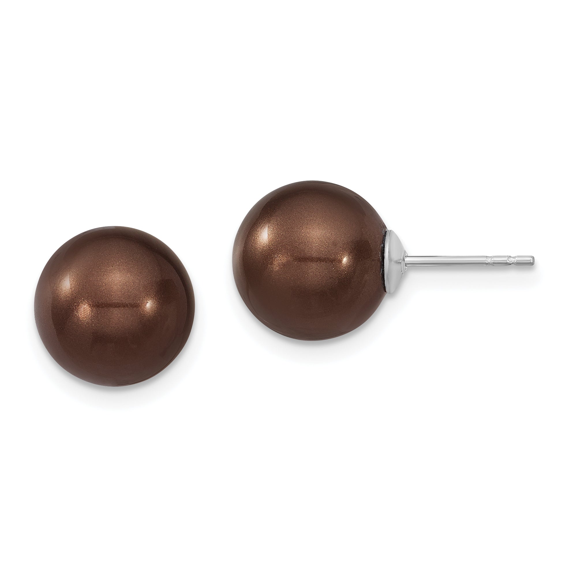 Majestik Sterling Silver Rhodium-plated 10-11mm Brown Imitation Shell Pearl Stud Earrings
