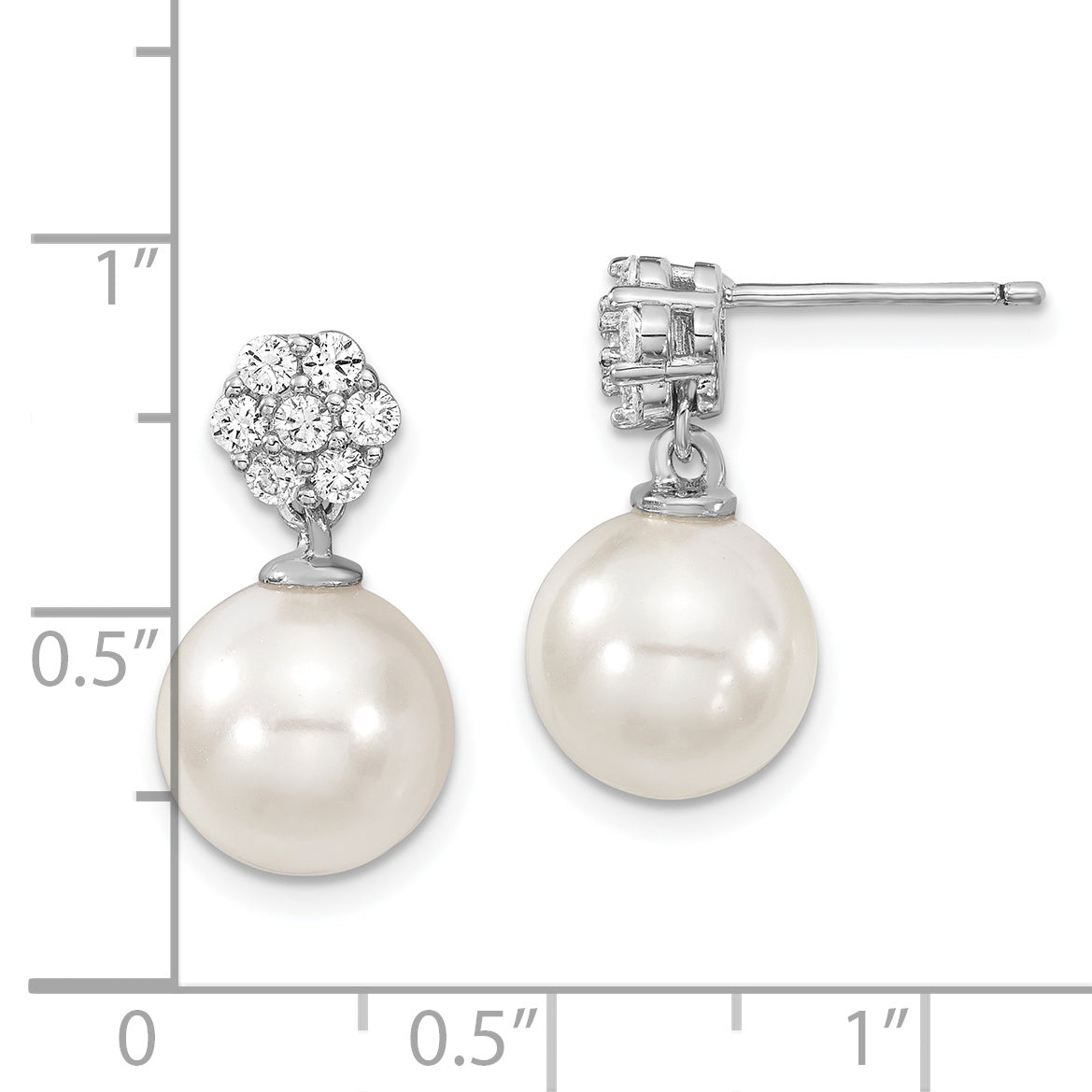 Majestik Sterling Silver Rhodium-plated 10-11mm White Imitation Shell Pearl CZ Post Dangle Earrings