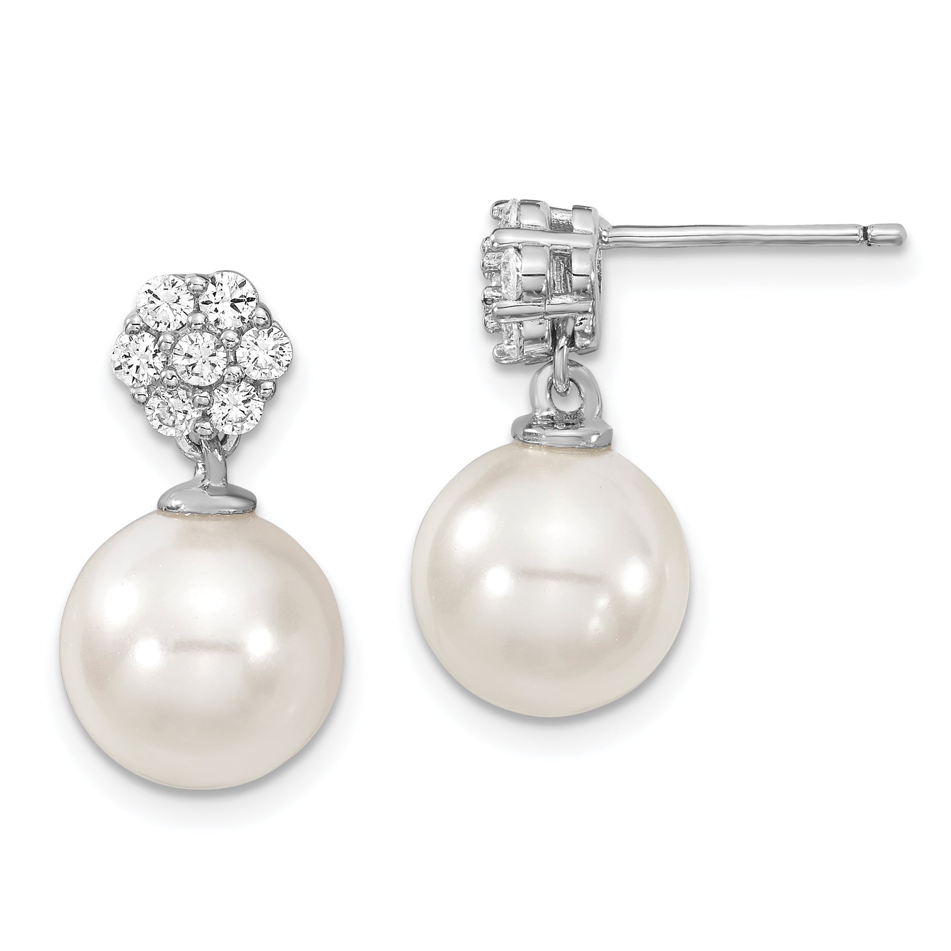 Majestik Sterling Silver Rhodium-plated 10-11mm White Imitation Shell Pearl CZ Post Dangle Earrings Main image