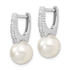 Majestik Sterling Silver Rhodium-plated 10-11mm White Imitation Shell Pearl CZ Hinged Post Dangle Earrings