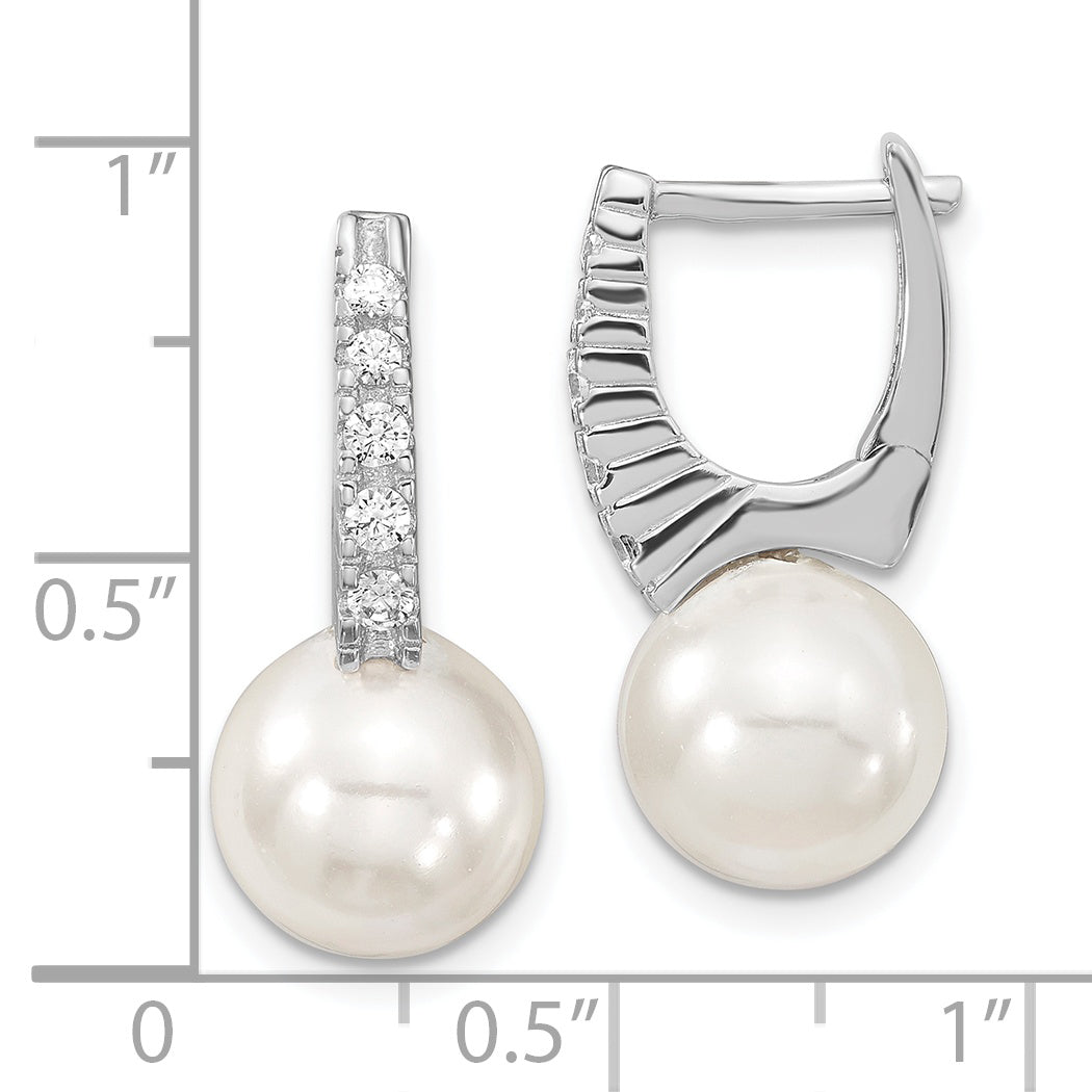 Majestik Sterling Silver Rhodium-plated 10-11mm White Imitation Shell Pearl CZ Hinged Post Dangle Earrings