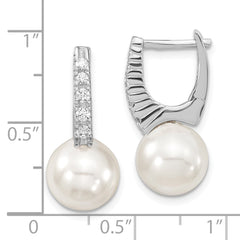 Majestik Sterling Silver Rhodium-plated 10-11mm White Imitation Shell Pearl CZ Hinged Post Dangle Earrings