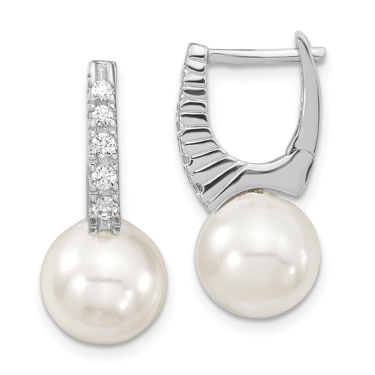 Majestik Sterling Silver Rhodium-plated 10-11mm White Imitation Shell Pearl CZ Hinged Post Dangle Earrings