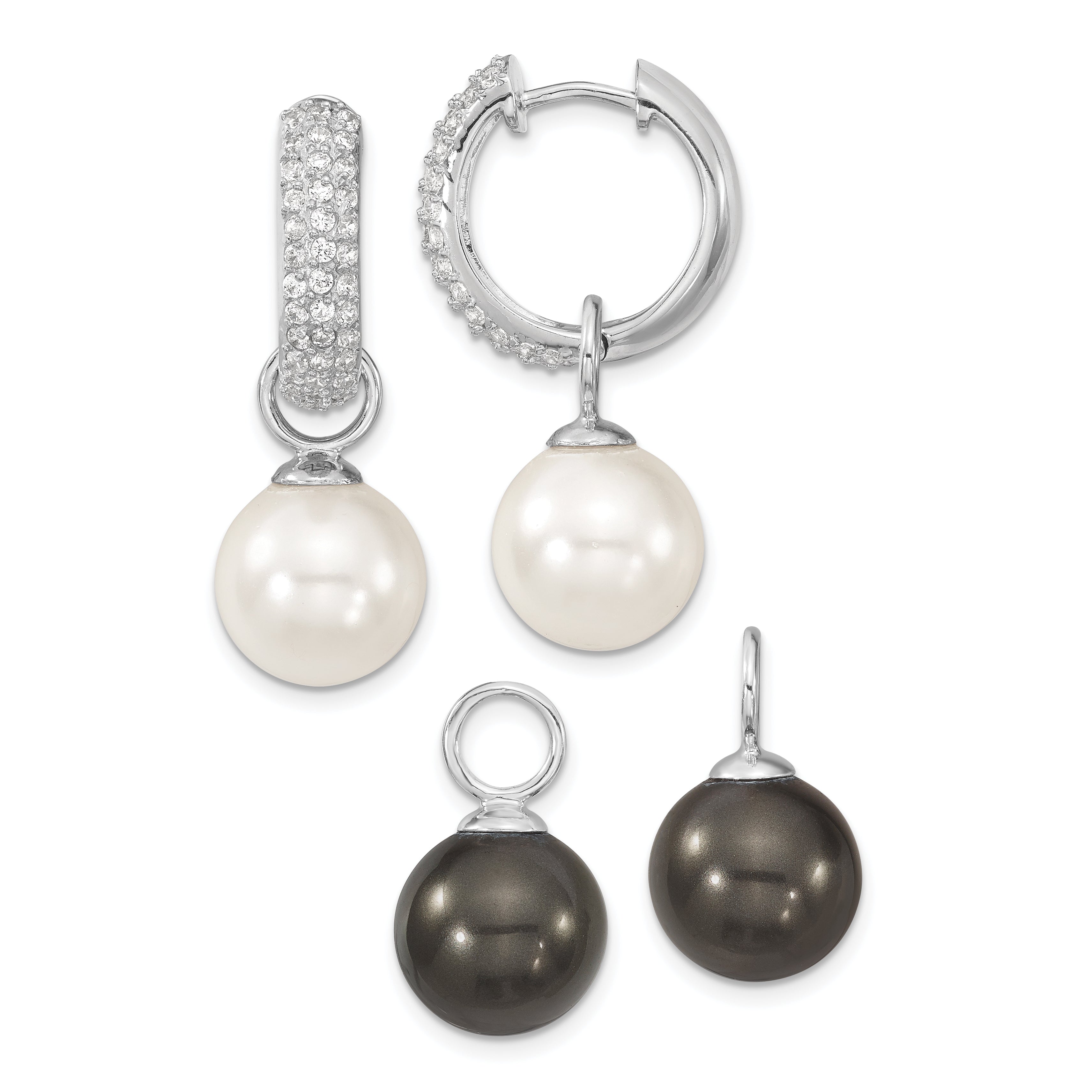 Majestik Sterling Silver Rhodium-plated CZ 12-13mm Black and White Interchangeable Shell Pearl Hinged Hoop Earrings