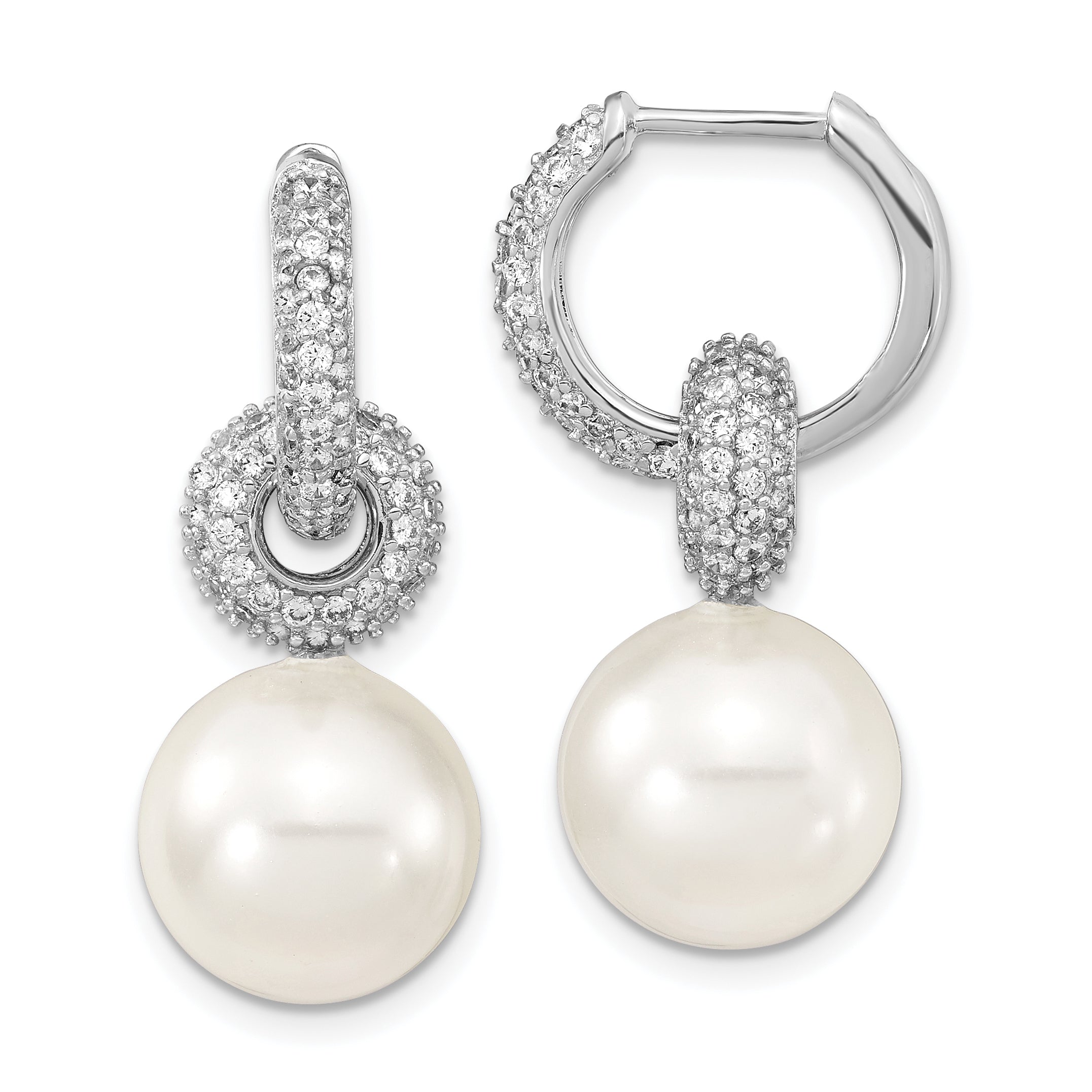 Majestik Sterling Silver Rhodium-plated 12-13mm White Imitation Shell Pearl Dangle Endless CZ Hoop Earrings Main image