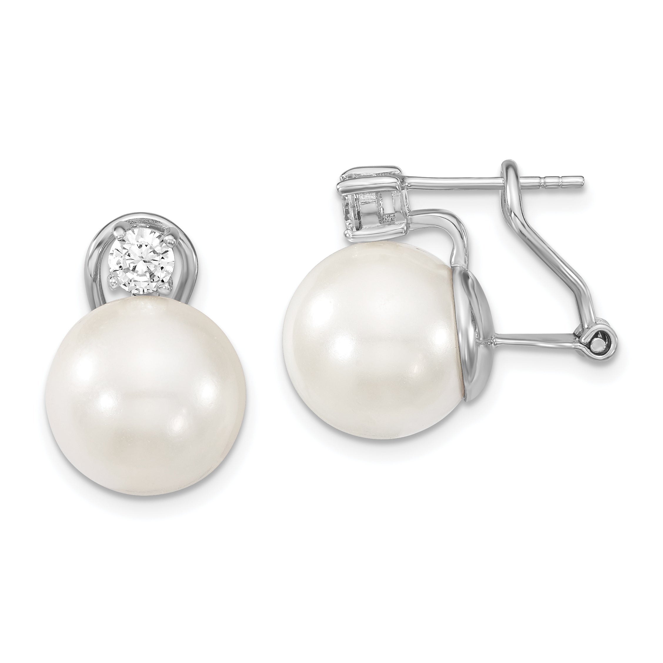 Majestik Sterling Silver Rhodium-plated 12-13mm White Shell Imitation Pearl and Clear CZ Omega Back Post Earrings Main image