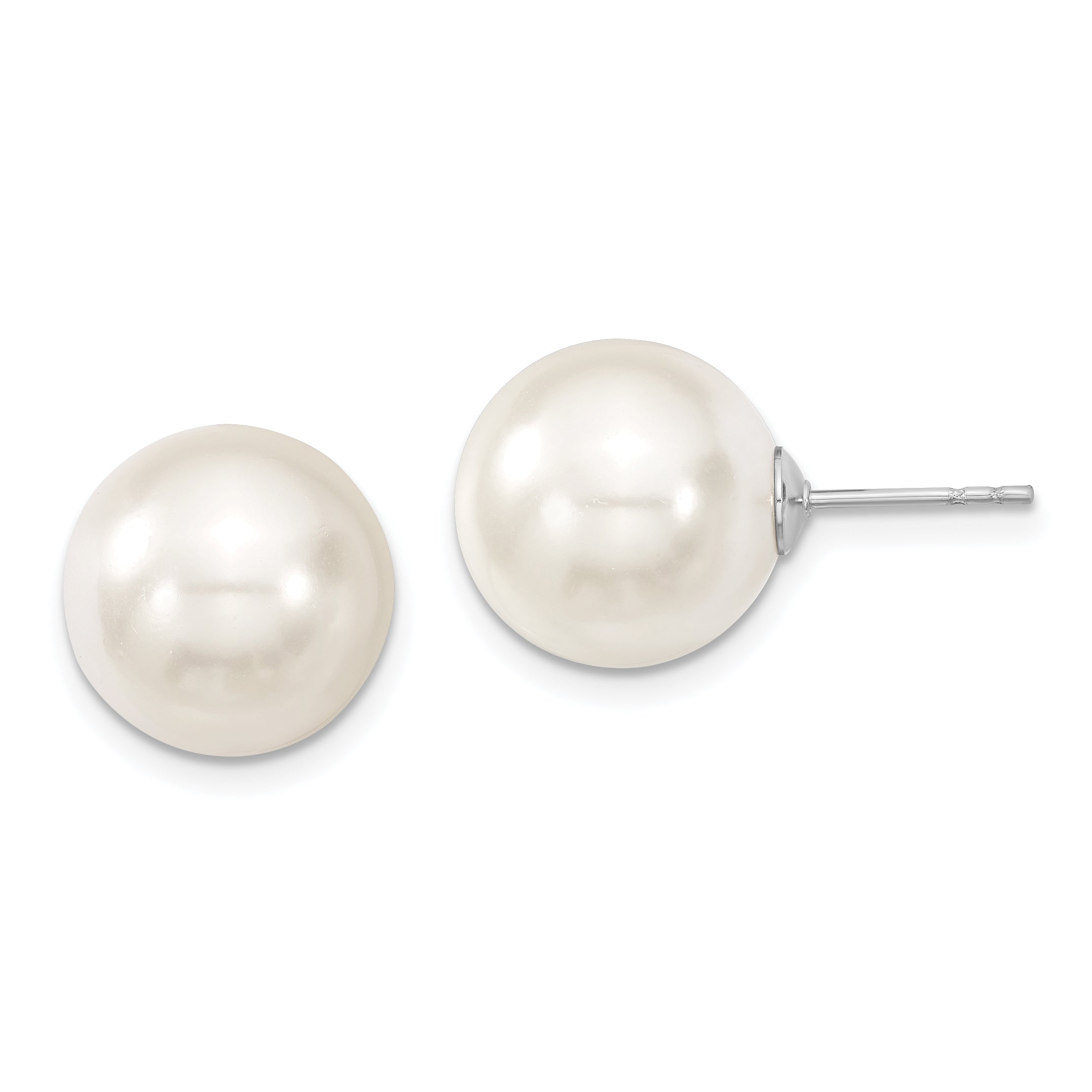 Majestic Sterling Silver Rhodium-plated 12-13mm White Imitation Shell Pearl Stud Earrings