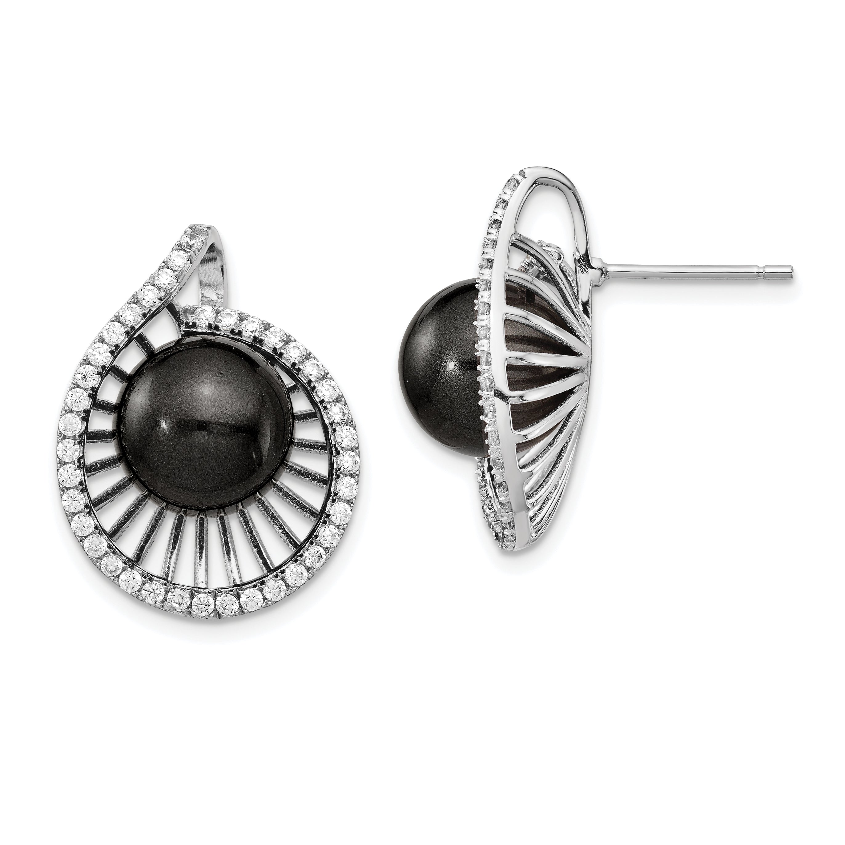 Sterling S Majestik Rh-plated 10-11mm Blk Imitat Shell Pearl CZ Earrings Main image