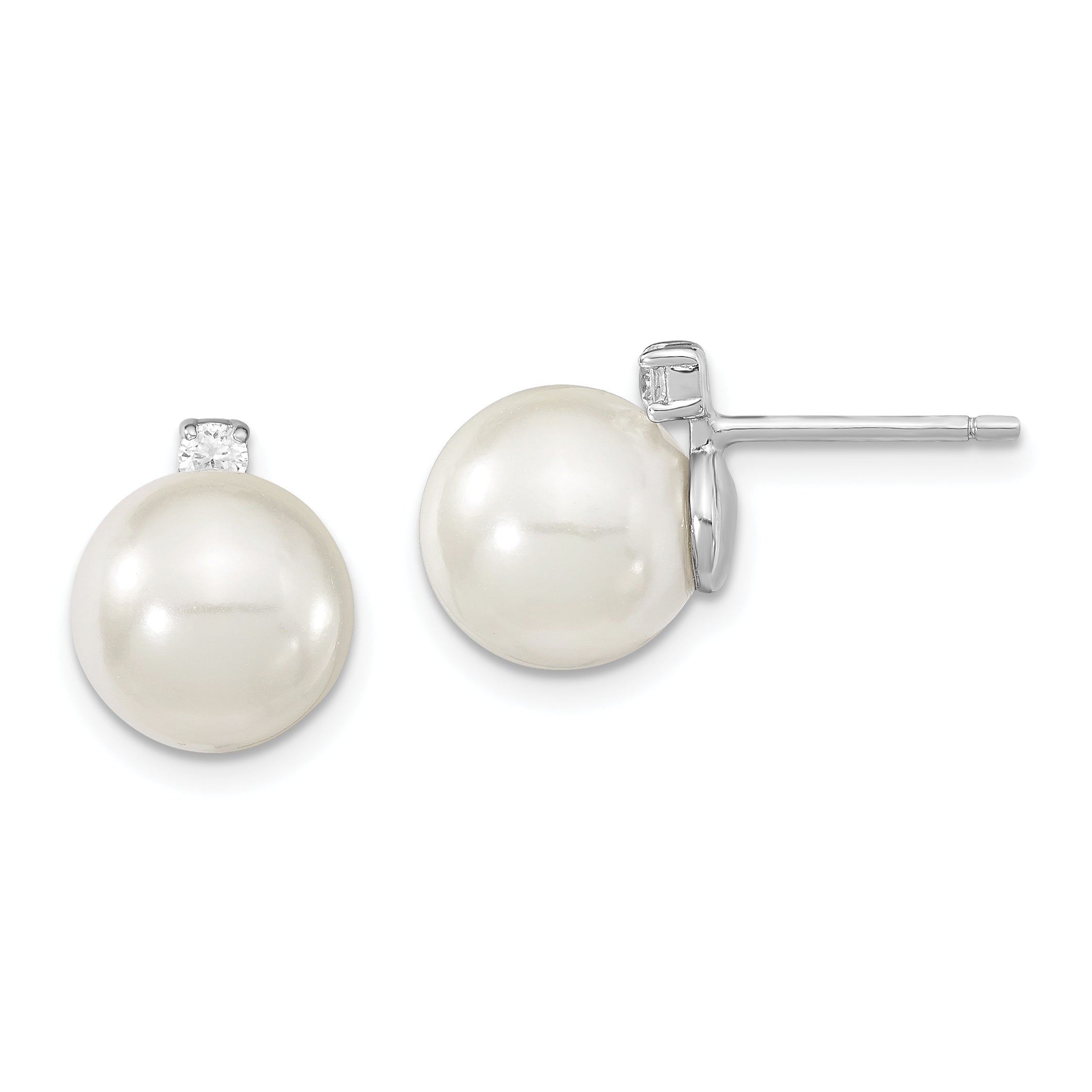 Majestik Sterling Silver Rhodium-plated 8-9mm White Imitation Shell Pearl and CZ Post Earrings Main image