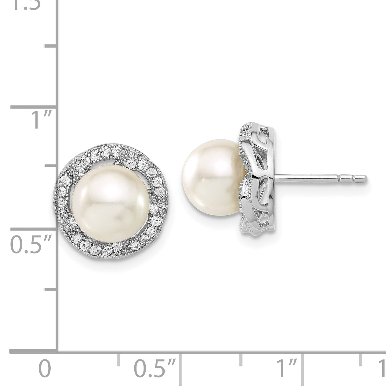 Sterling Silver Majestik 8-9mm White Shell Bead & CZ Post Earrings
