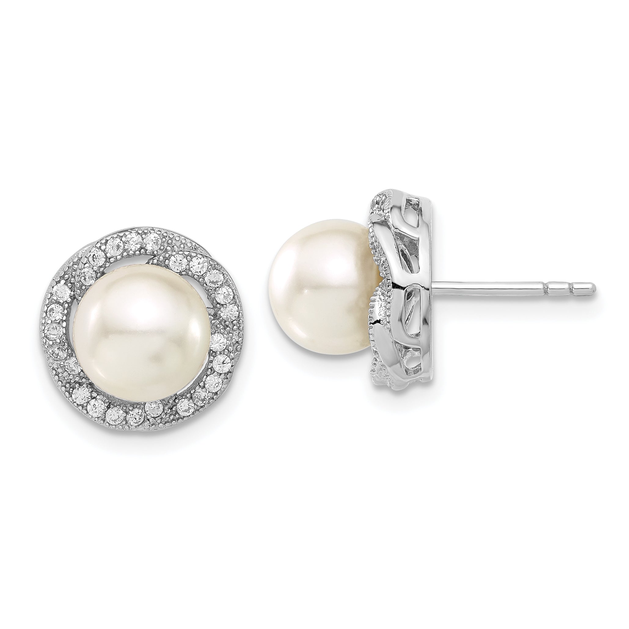 Sterling Silver Majestik 8-9mm White Shell Bead & CZ Post Earrings