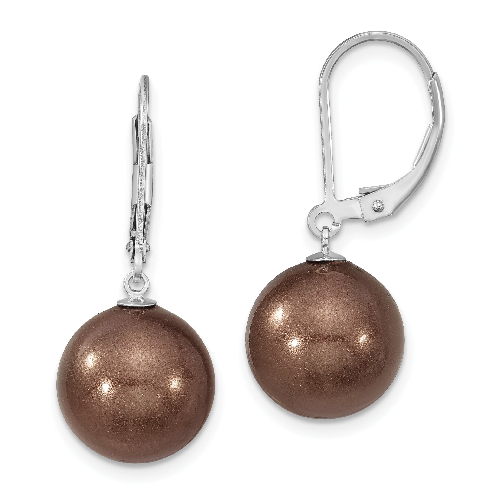 Majestik Sterling Silver Rhodium-plated 12-13mm Brown Imitation Shell Pearl Leverback Dangle Earrings Main image