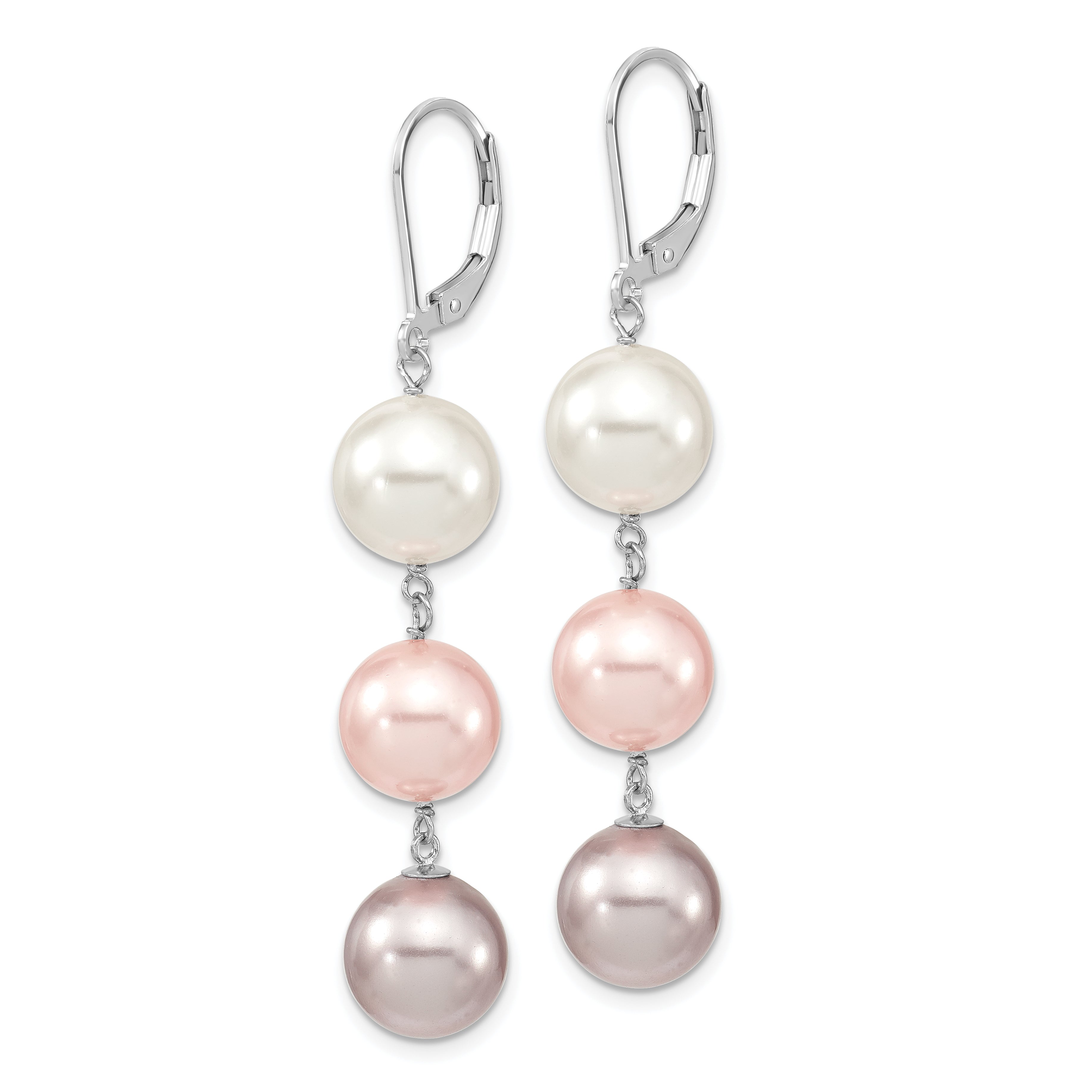 Majestic Sterling Silver Rhodium-plated 10-11mm White  Pink and Purple Imitation Shell Pearl Leverback Dangle Earrings