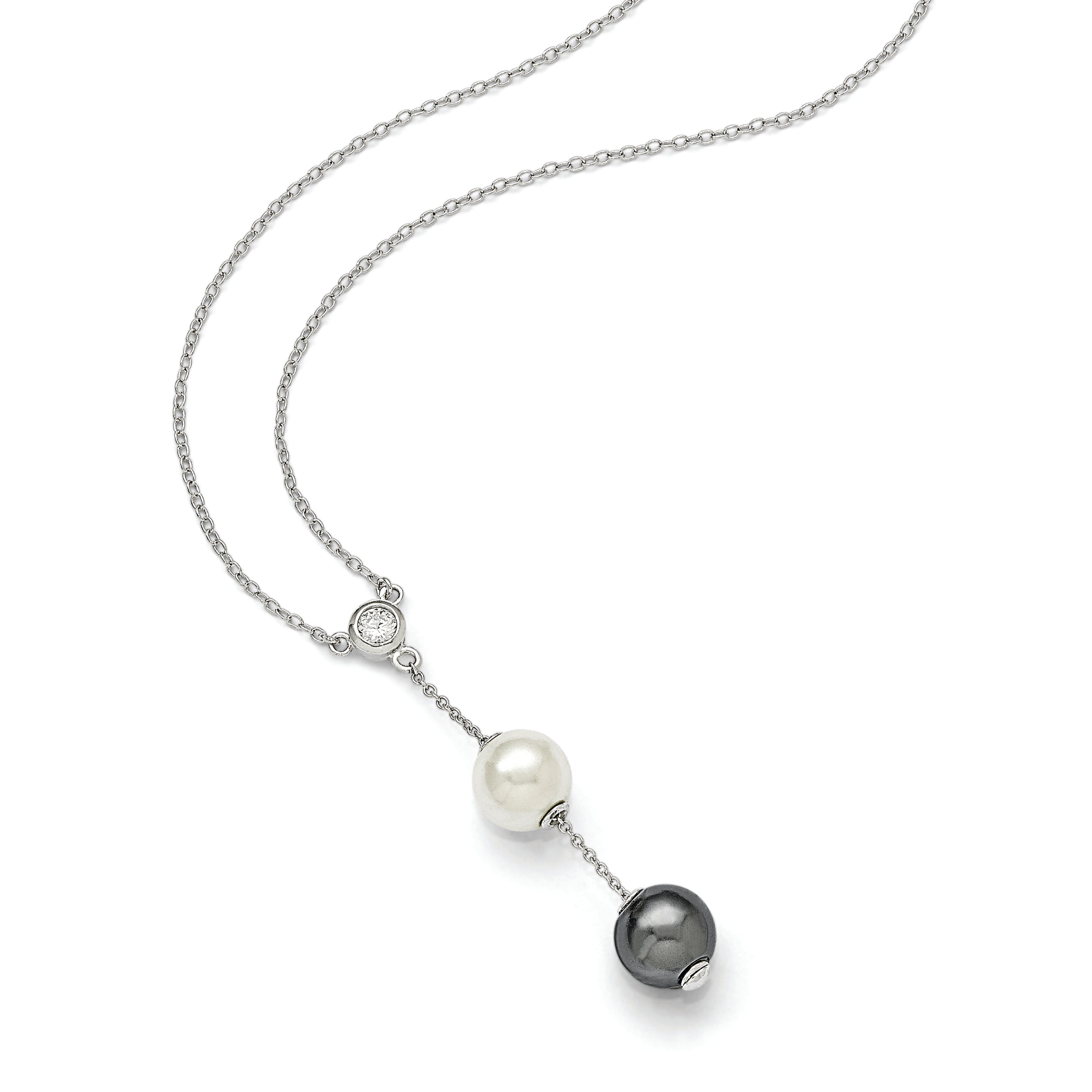 Majestik Sterling Silver Rhodium-plated 10-11mm White and Grey Imitation Shell Pearl and CZ Spring Ring Clasp 18 inch Necklace