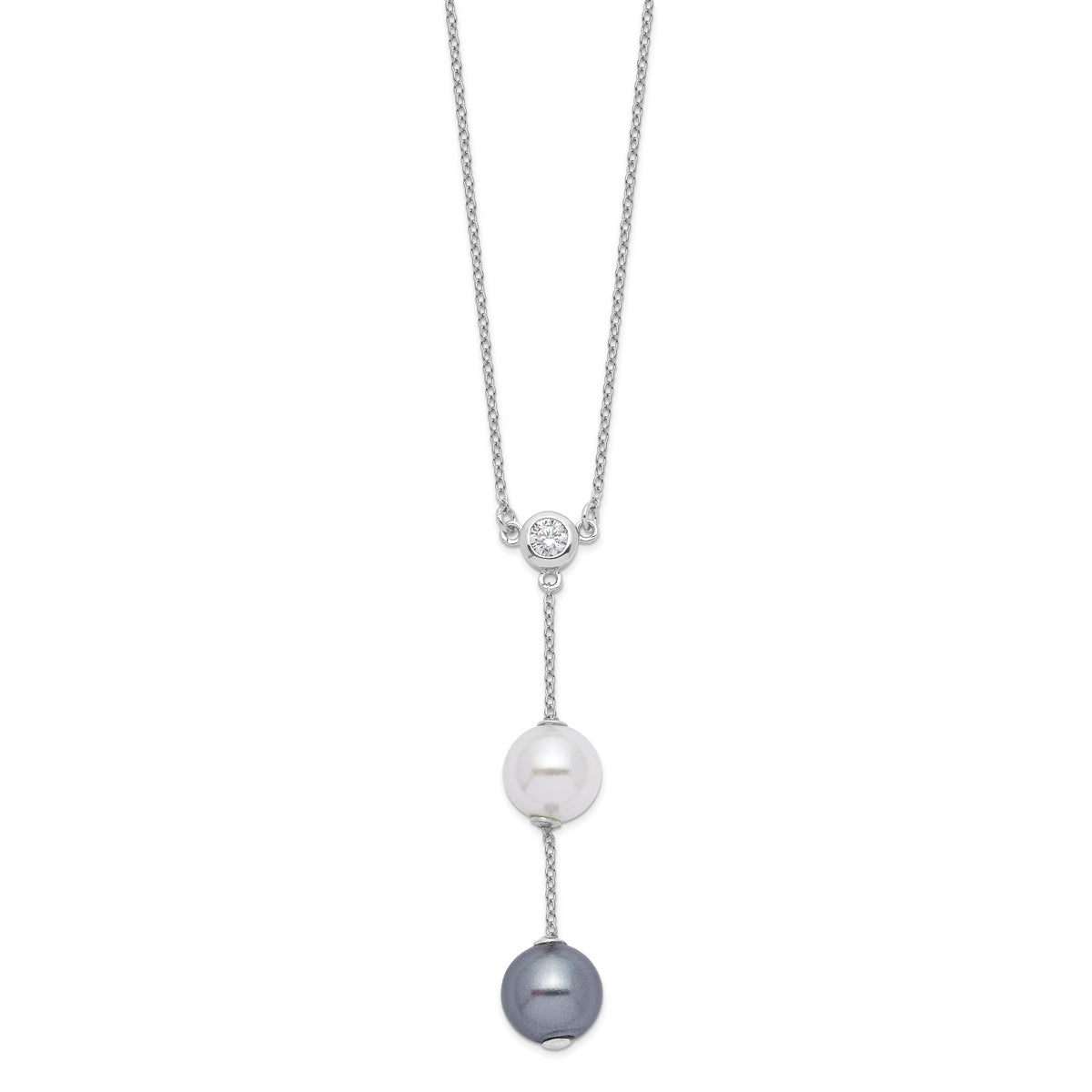 Majestik Sterling Silver Rhodium-plated 10-11mm White and Grey Imitation Shell Pearl and CZ Spring Ring Clasp 18 inch Necklace