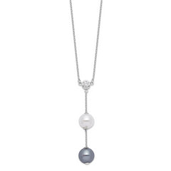 Majestik Sterling Silver Rhodium-plated 10-11mm White and Grey Imitation Shell Pearl and CZ Spring Ring Clasp 18 inch Necklace