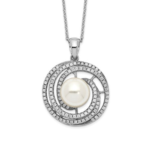 Sterling Silver Majestik Rh-plated 10-11mm Imitat Shell Pearl CZ Necklace Main image