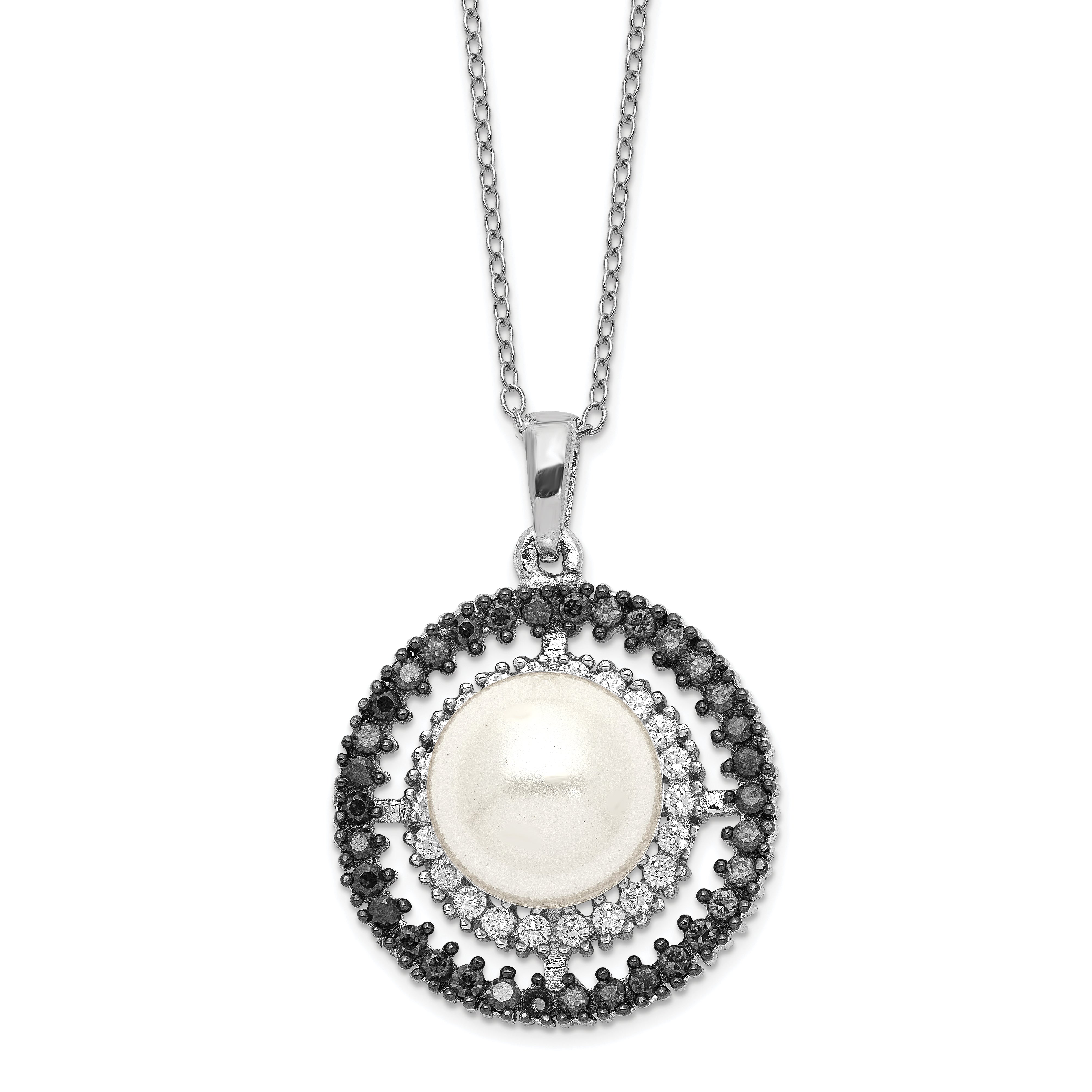 Sterling Silver Majestik Rhod-plated 10-11mm Shell Blk/Wht CZ Necklace Main image