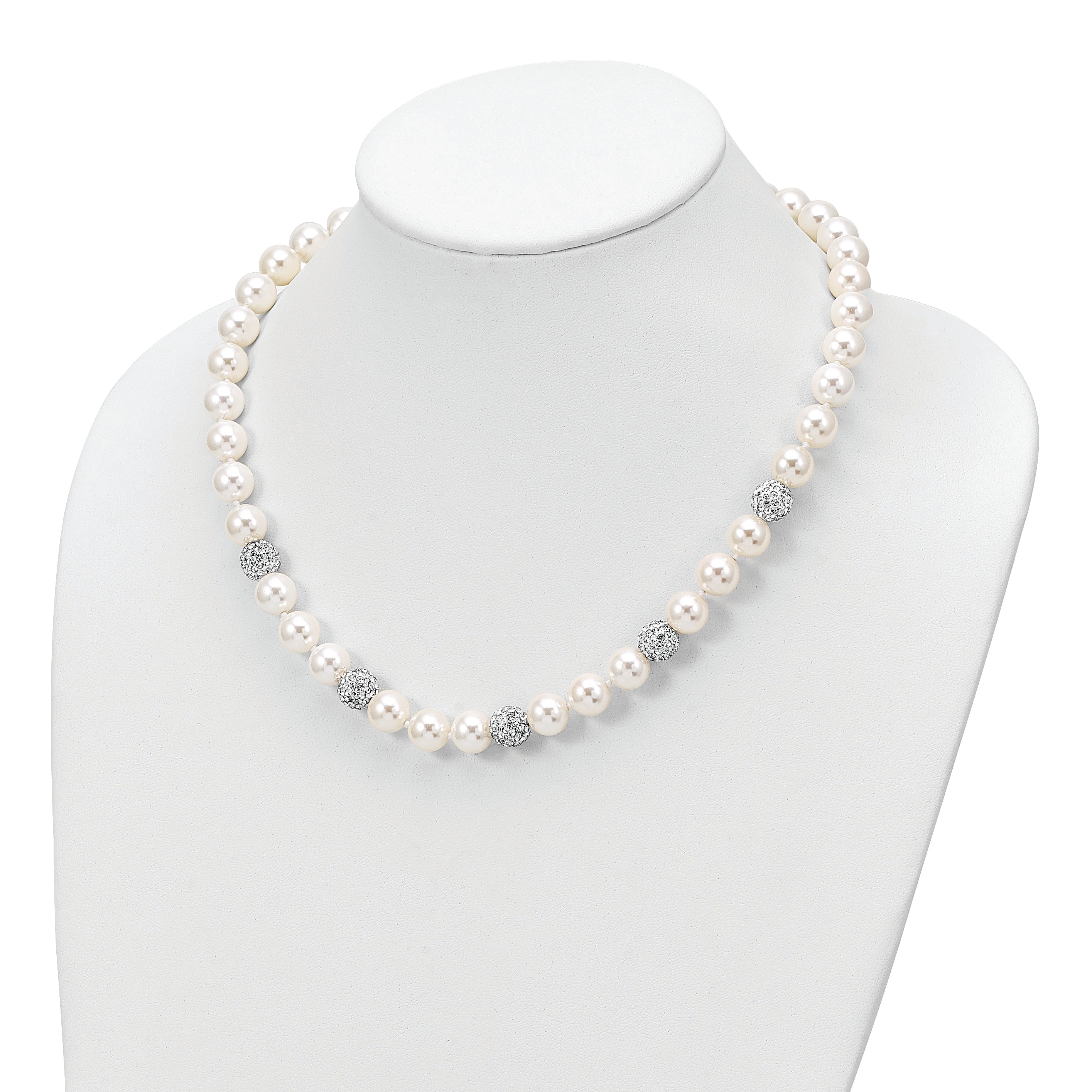 Majestik Sterling Silver Hand-Knotted Shell Pearl Crystal Necklace 20