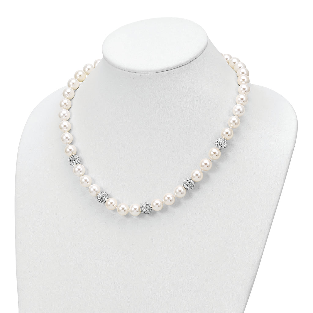 Majestik Sterling Silver Hand-Knotted Shell Pearl Crystal Necklace 20