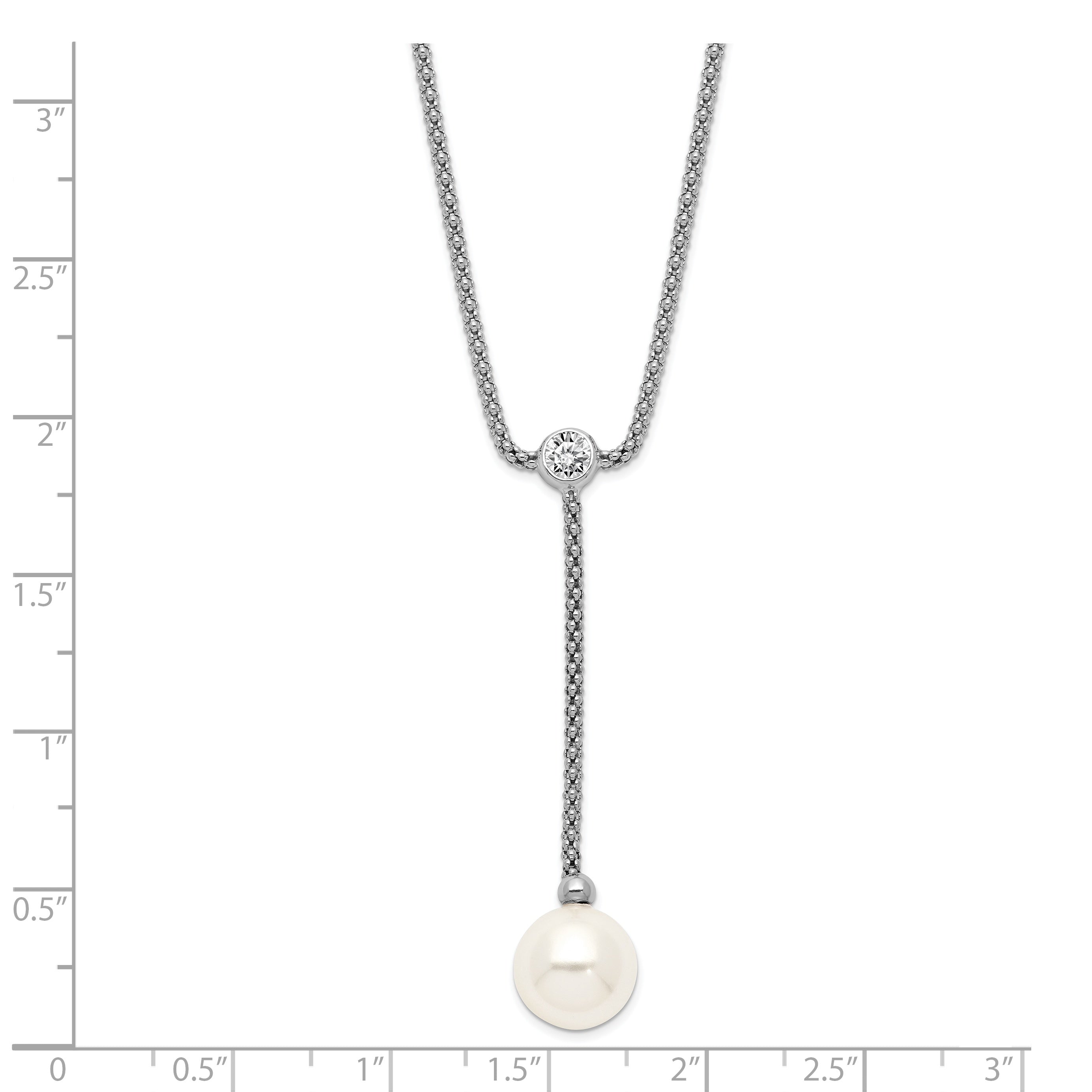 Sterling Silver Shell Pearl CZ Necklace with Polished Y-Drop Design