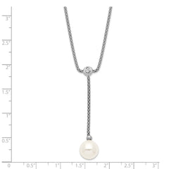 Sterling Silver Shell Pearl CZ Necklace with Polished Y-Drop Design
