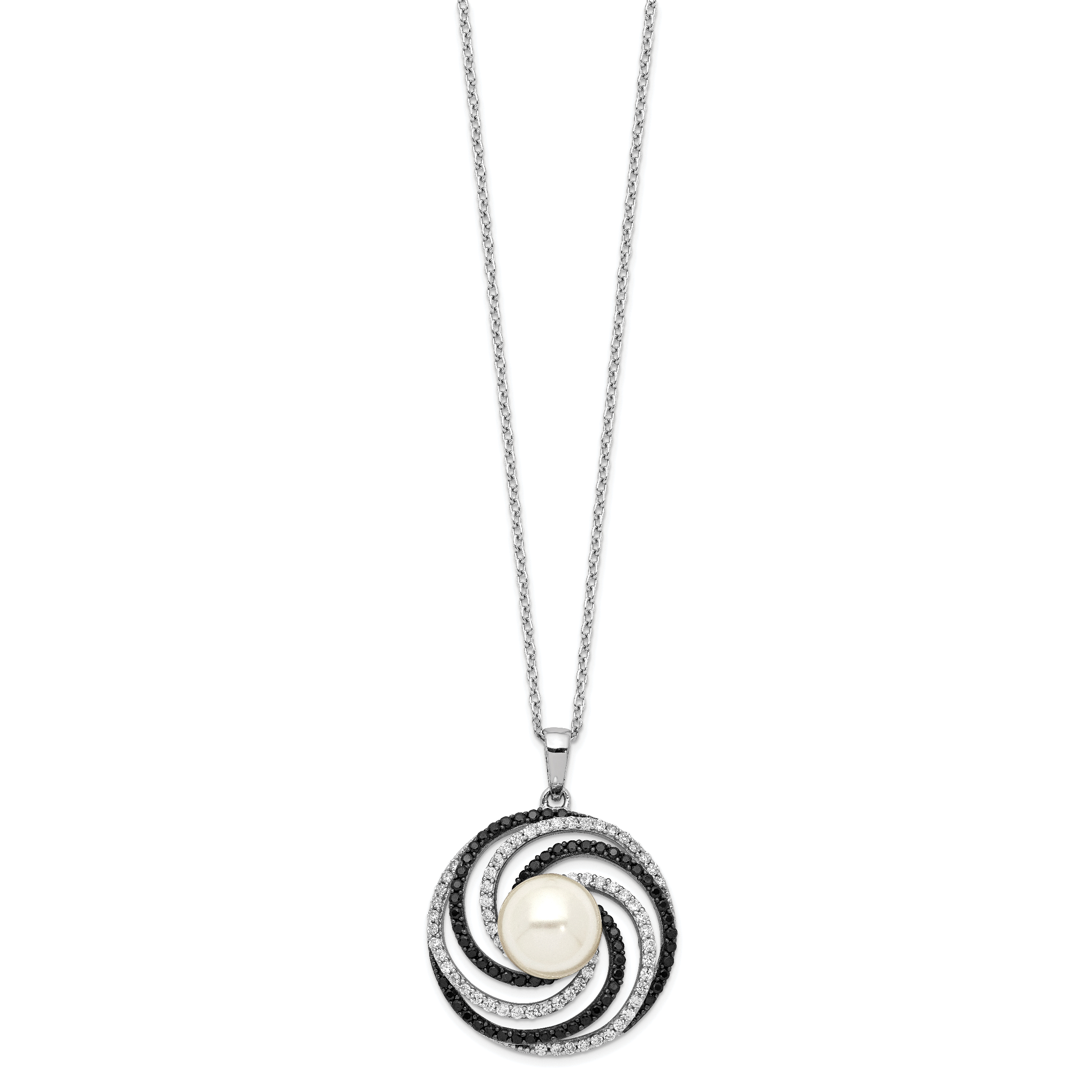 Sterling Silver Majestik Rh-plated 10-11mm Shell Blk and Wht CZ Necklace Main image