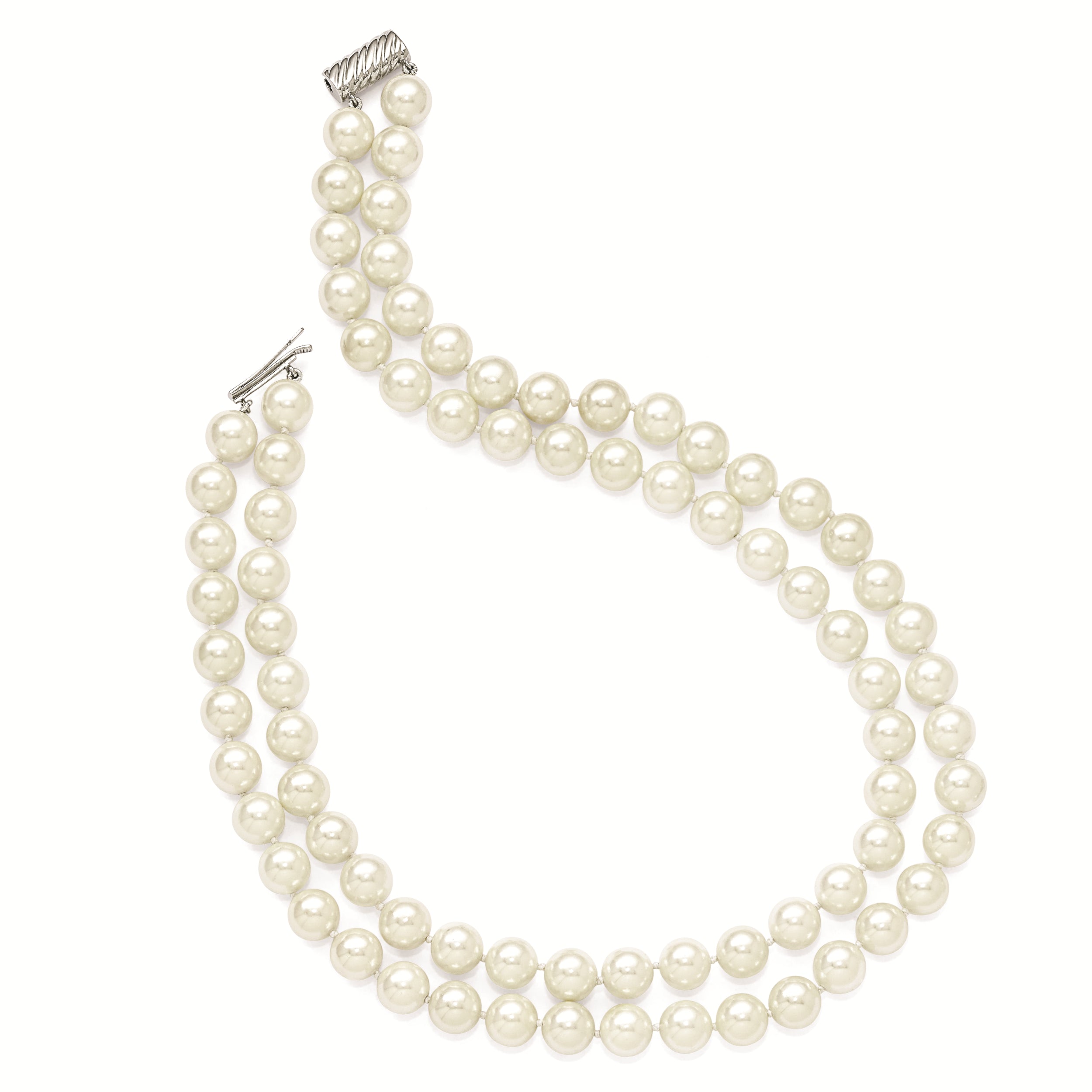 Sterling Silver 2-Row Shell Pearl Necklace with Rhodium Elegance