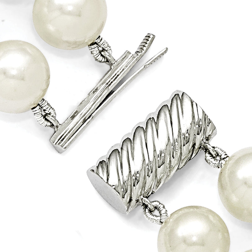 Sterling Silver 2-Row Shell Pearl Necklace with Rhodium Elegance