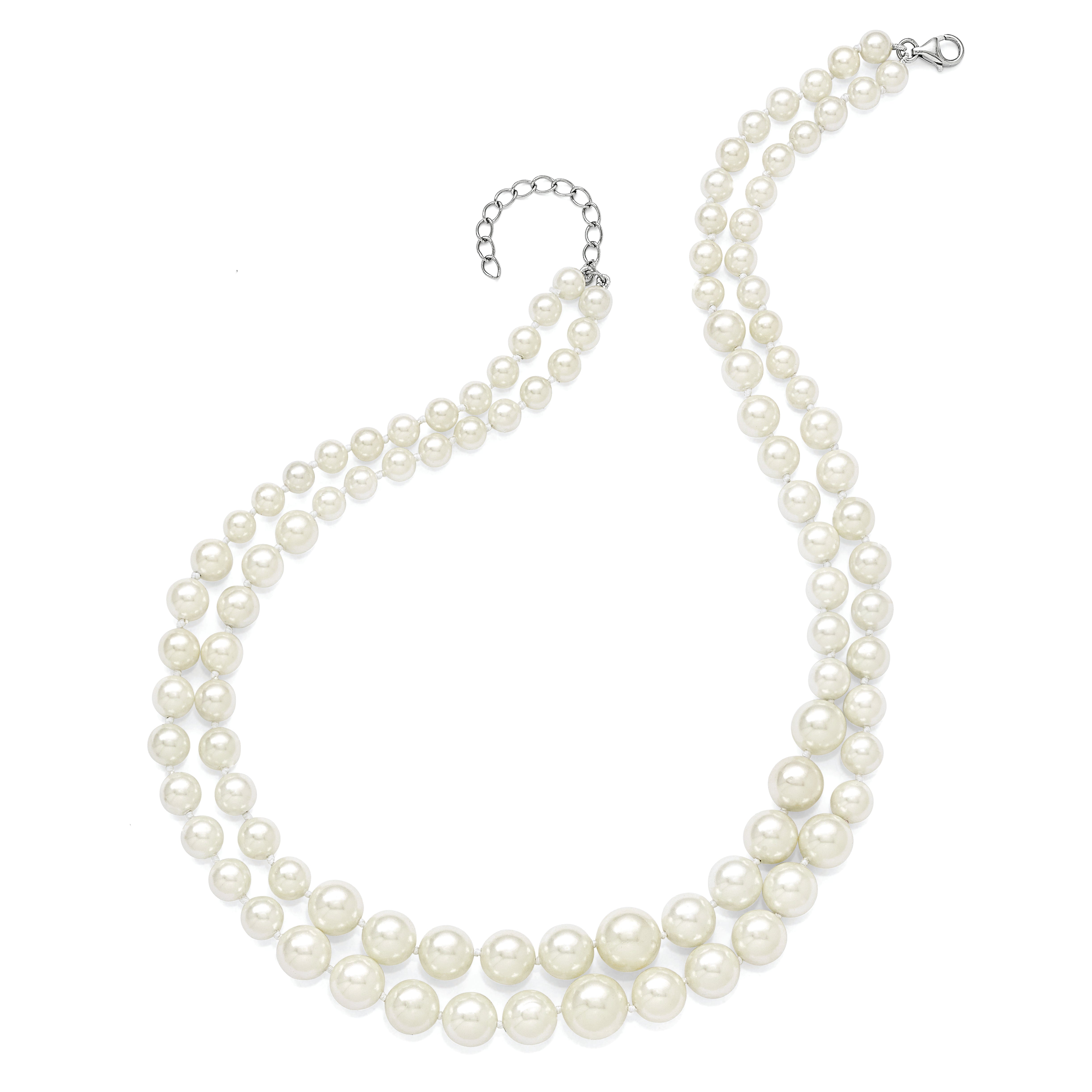 Majestik Sterling Silver Rhodium-plated 2 Row 6-12mm Graduated White Imitation Shell Pearl Hand-knotted Necklace with 2 inch Extender