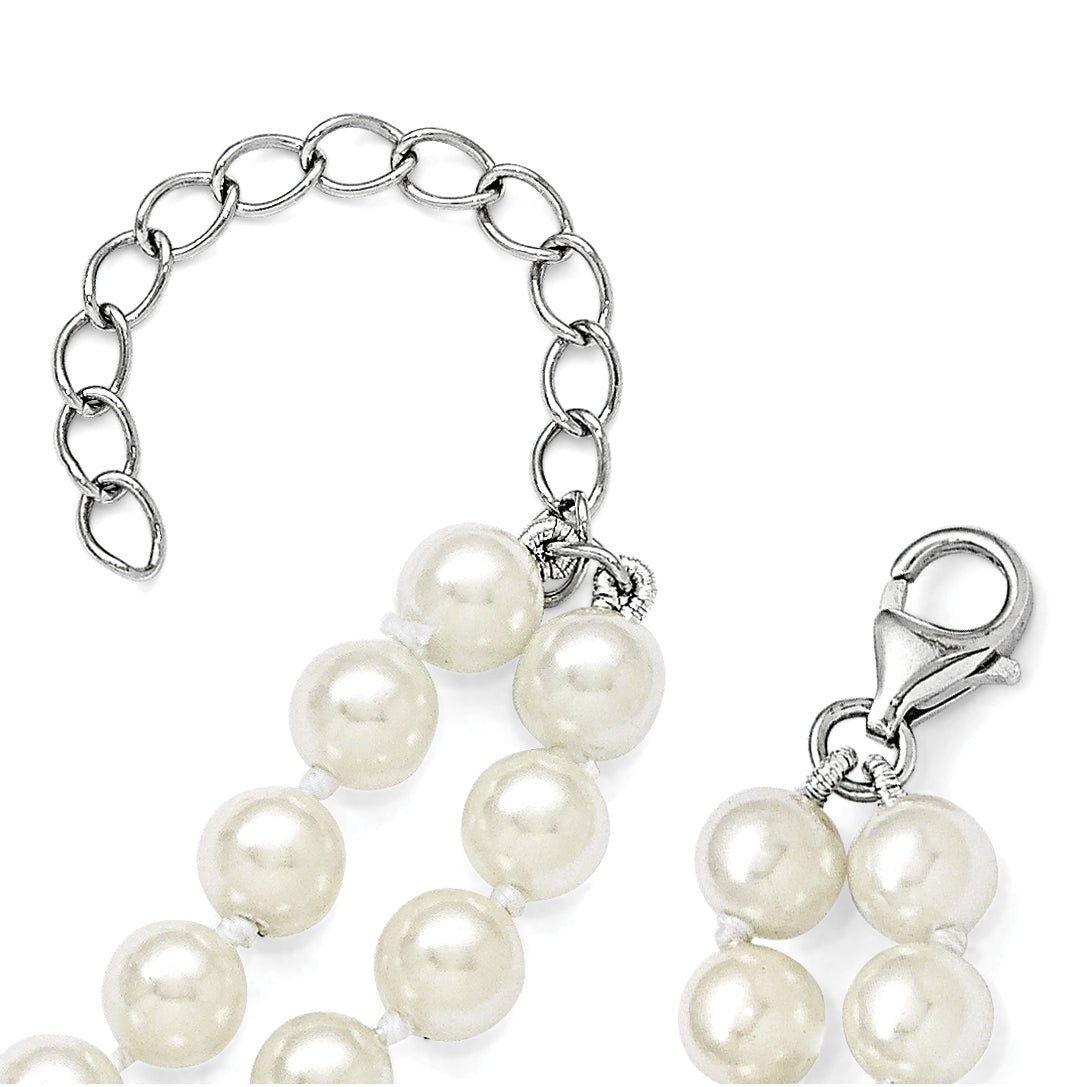 Majestik Sterling Silver Rhodium-plated 2 Row 6-12mm Graduated White Imitation Shell Pearl Hand-knotted Necklace with 2 inch Extender