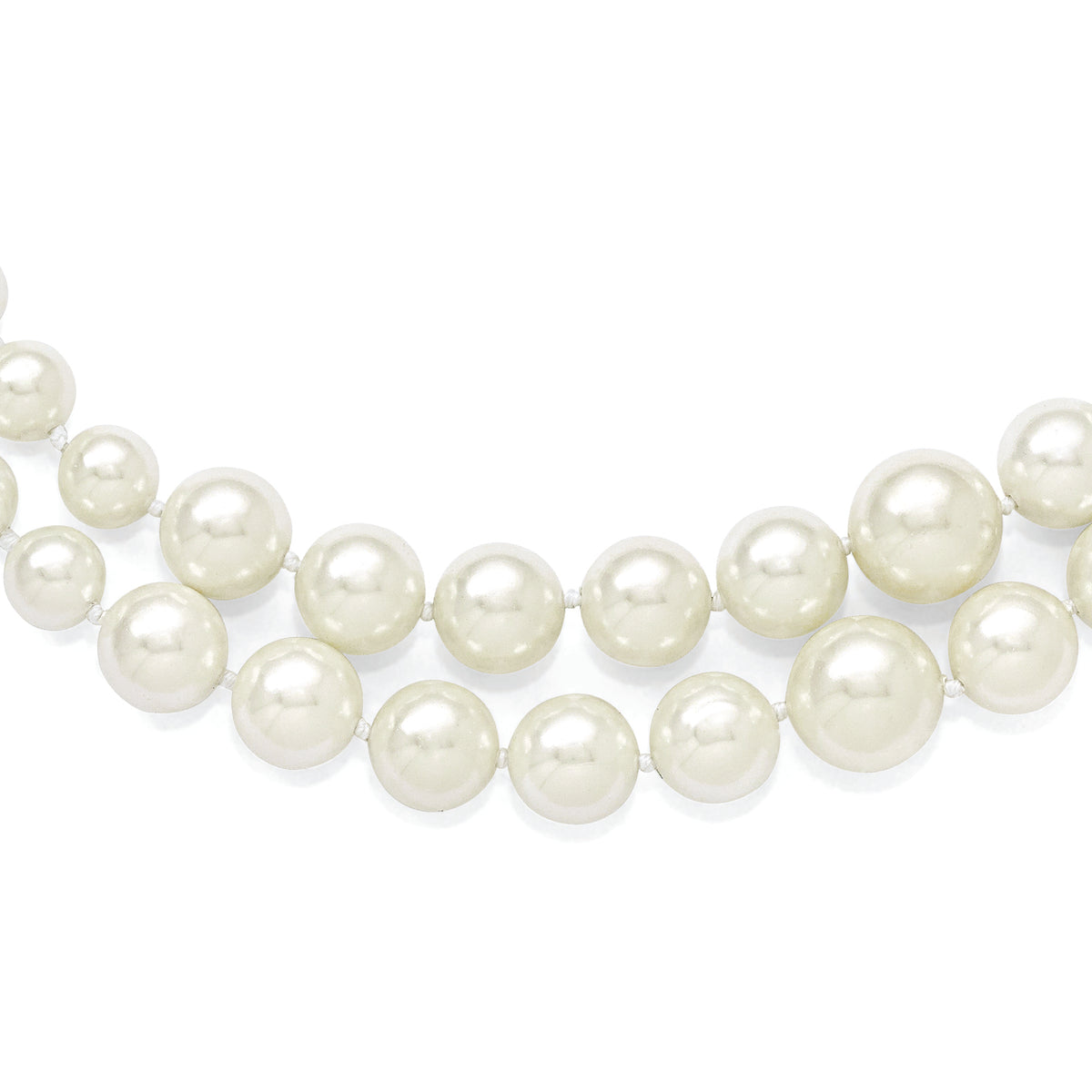 Majestik Sterling Silver Rhodium-plated 2 Row 6-12mm Graduated White Imitation Shell Pearl Hand-knotted Necklace with 2 inch Extender