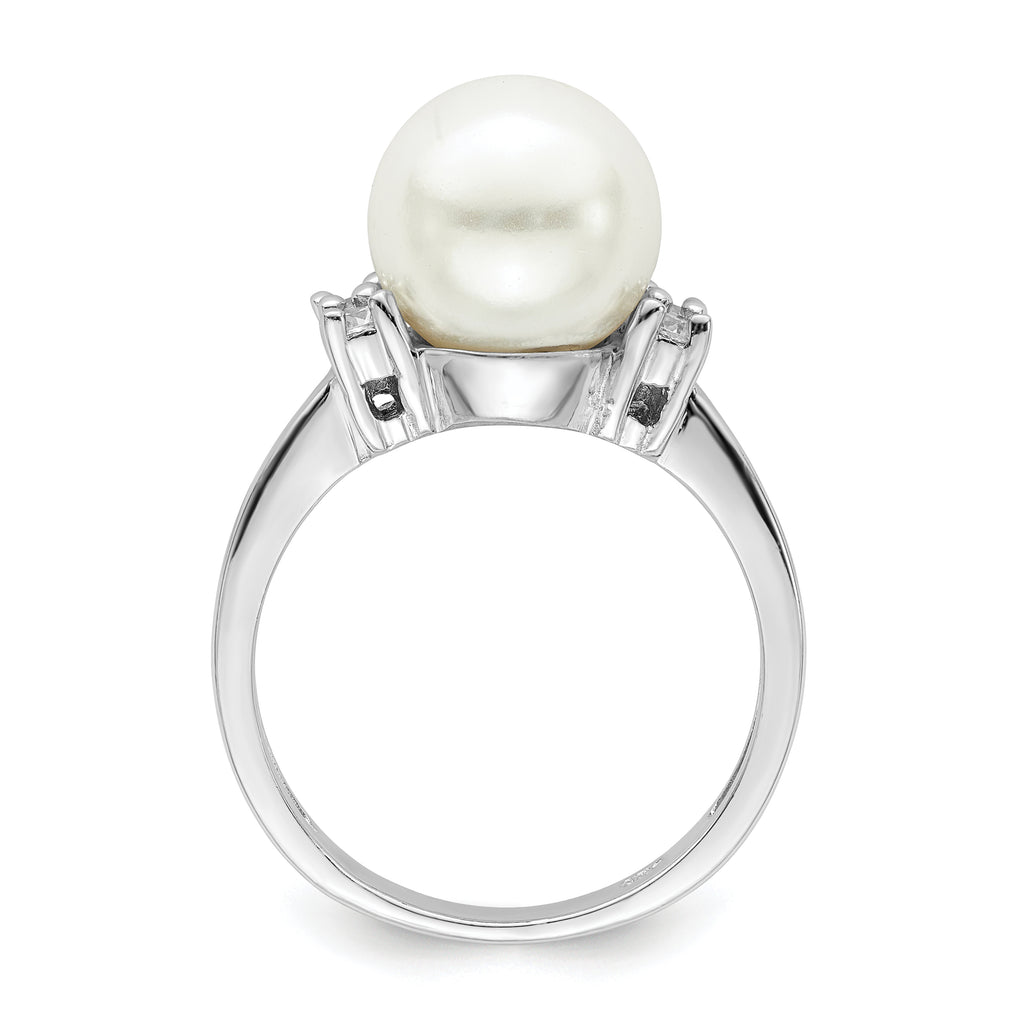 Majestik Sterling Silver Rhodium-plated 10-11mm White Imitation Shell Pearl and CZ Ring