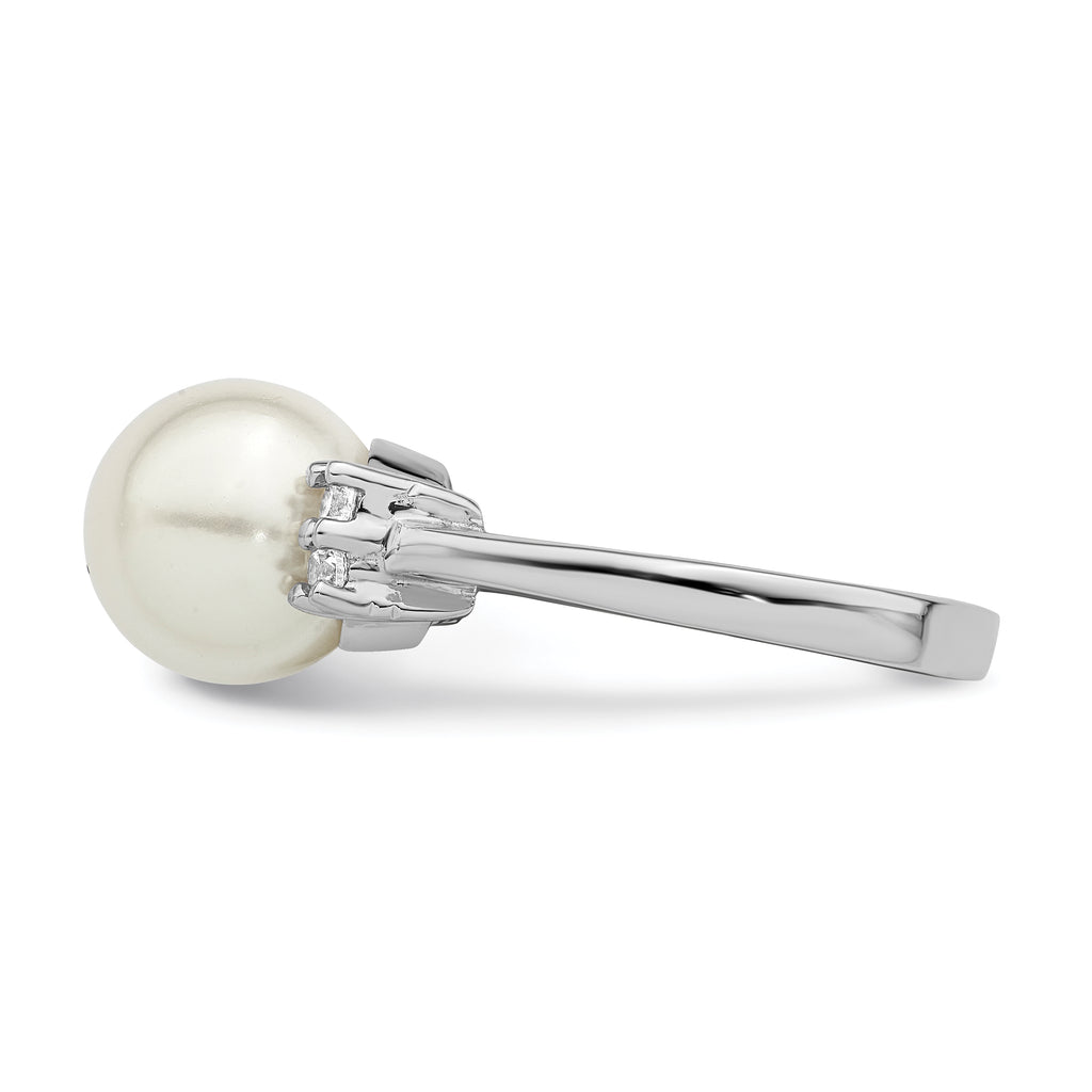 Majestik Sterling Silver Rhodium-plated 10-11mm White Imitation Shell Pearl and CZ Ring