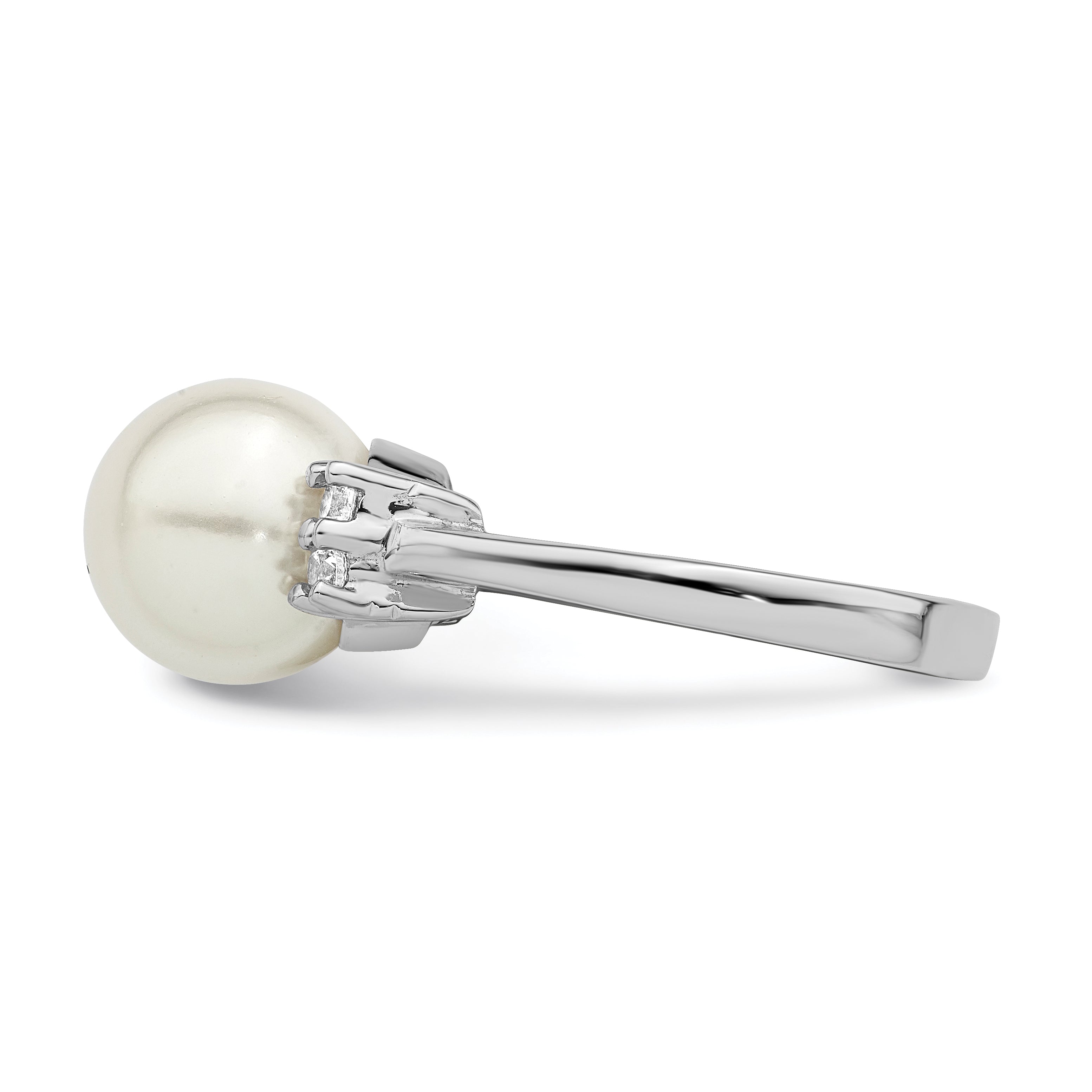 Majestik Sterling Silver Rhodium-plated 10-11mm White Imitation Shell Pearl and CZ Ring